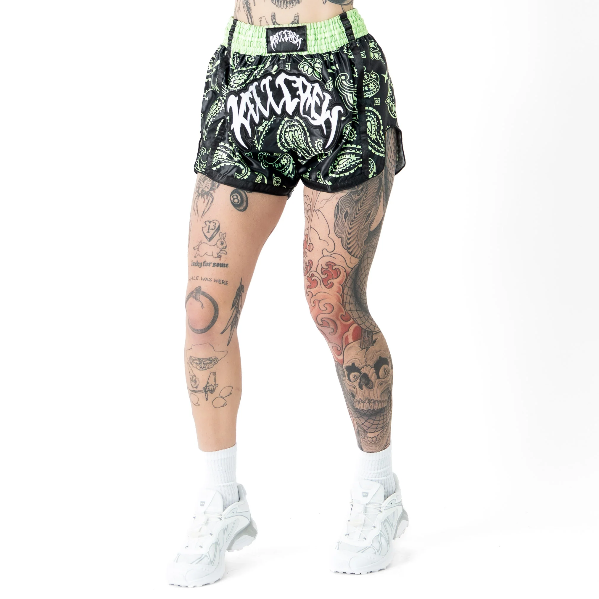 BANDANA FIGHT SHORTS - BLACK / NEON GREEN - Image 5