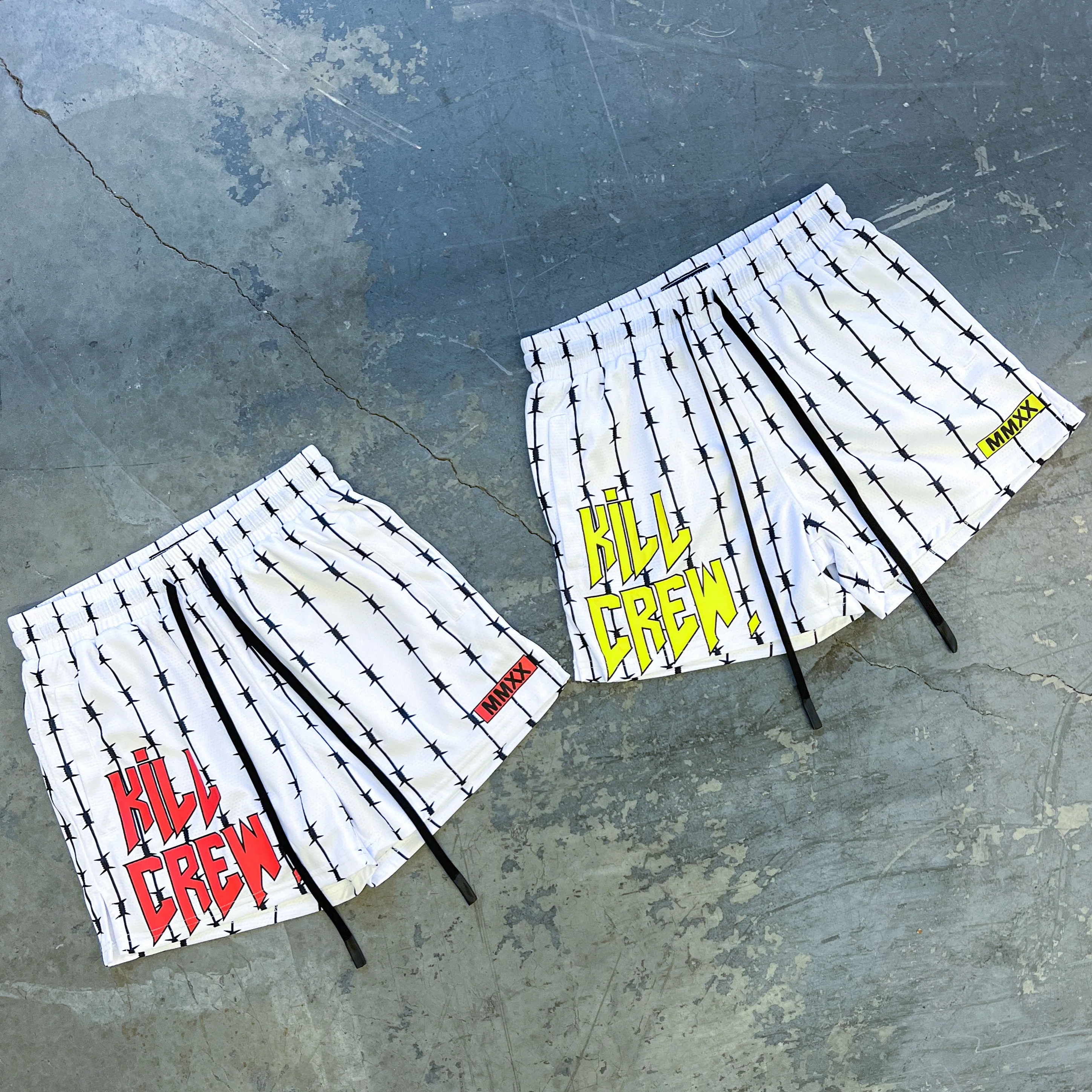 BARBWIRE MUAY THAI SHORTS (MID THIGH CUT) - WHITE / YELLOW - Image 3