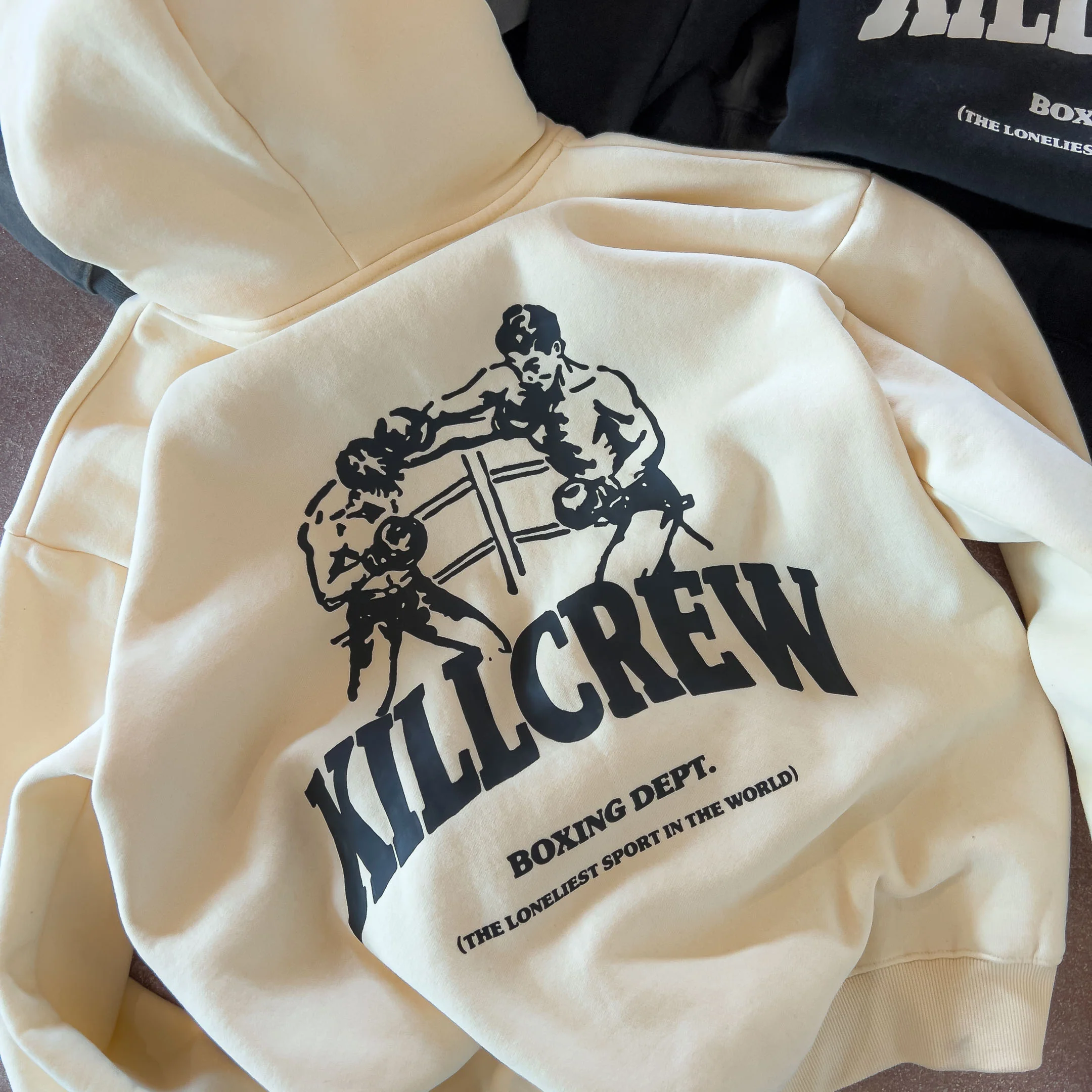 OVERSIZED LUX BOXING DEPARTMENT HOODIE - CREAM / BLACK - Image 3