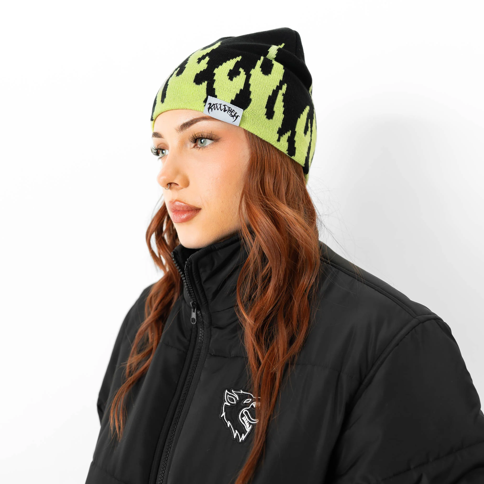FLAME SKULL CAP BEANIE - BLACK / GREEN - Image 2