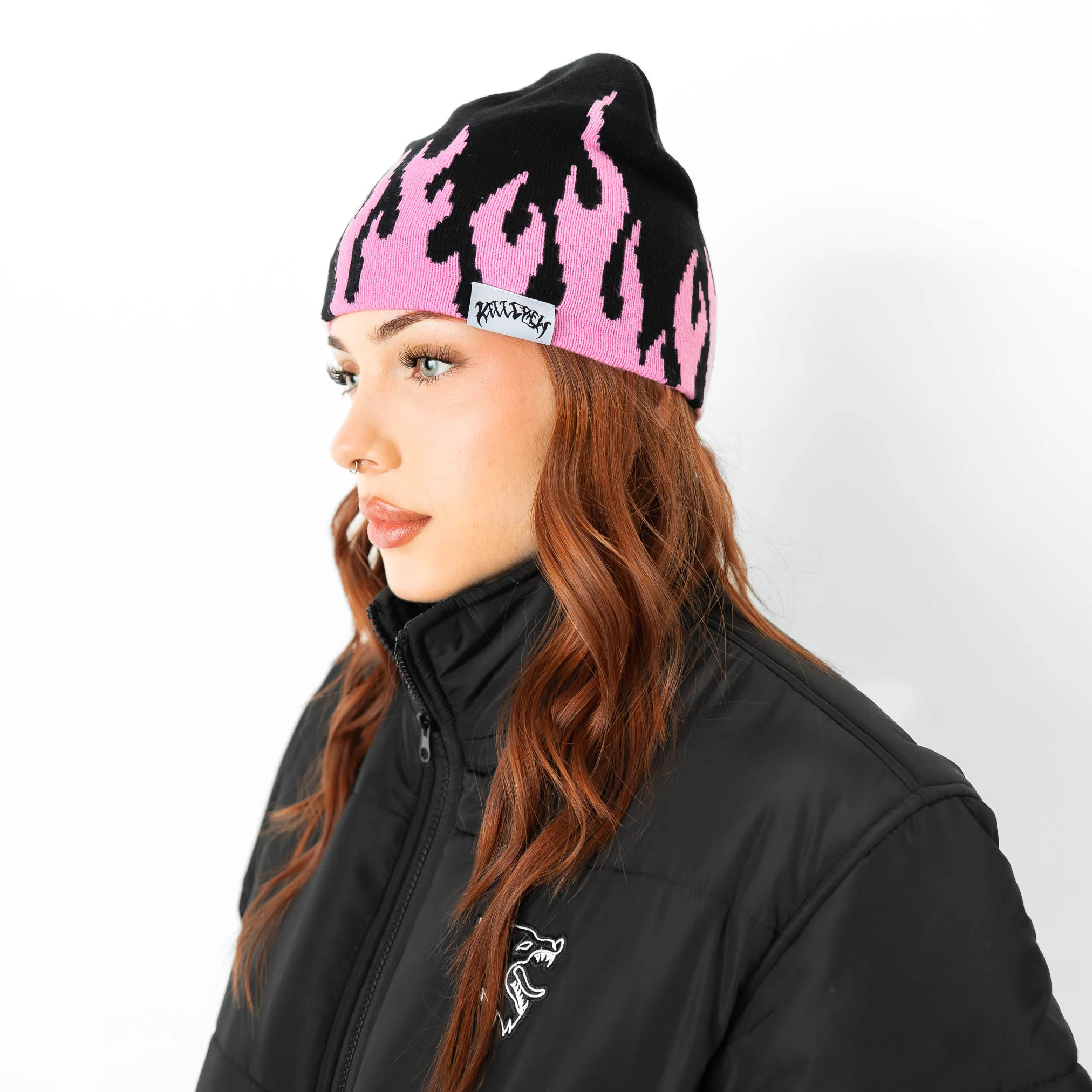 FLAME SKULL CAP BEANIE - BLACK / PINK - Image 2