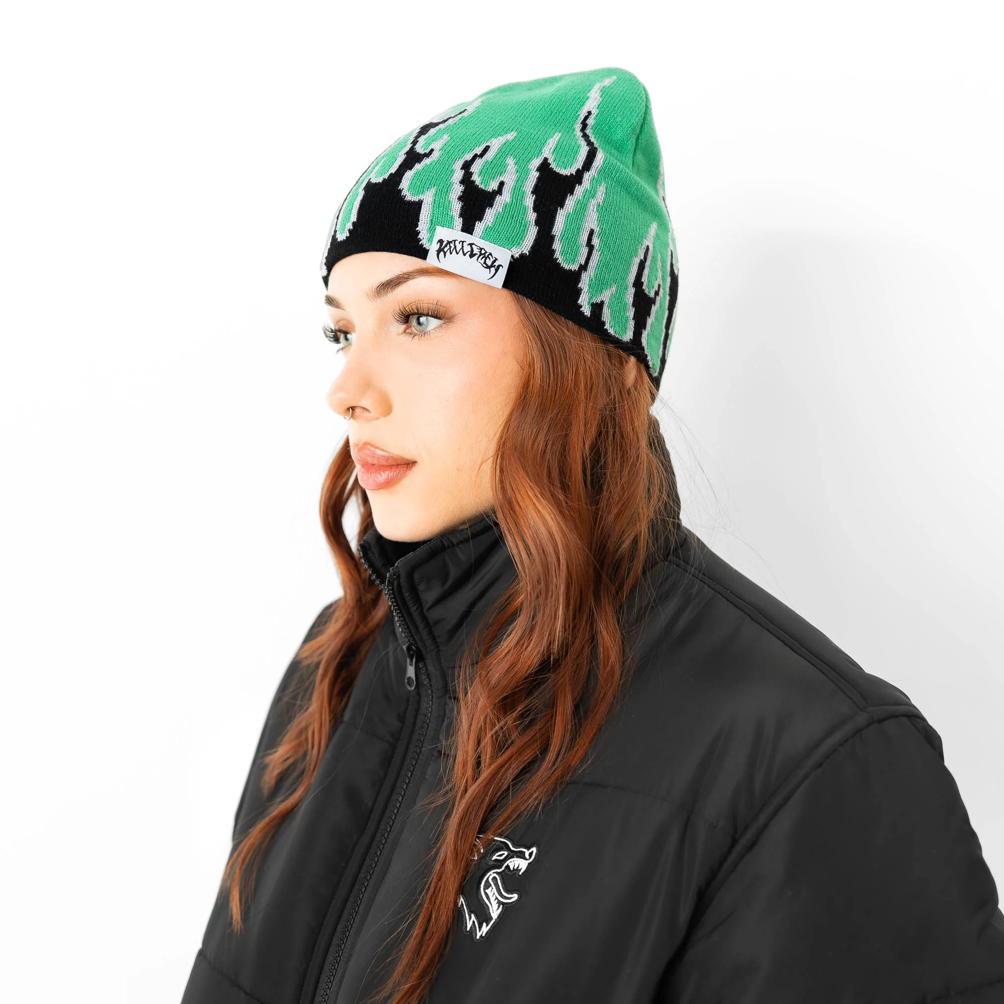 FLAME SKULL CAP BEANIE - GREEN / BLACK - Image 2