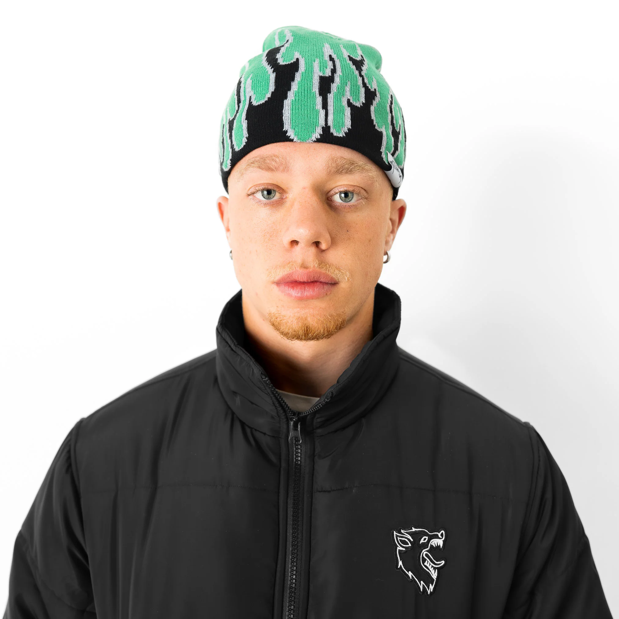 FLAME SKULL CAP BEANIE - GREEN / BLACK - Image 3
