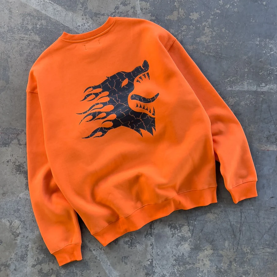 OVERSIZED LUX WAR WOLF CREW NECK - ORANGE / BLACK - Image 3