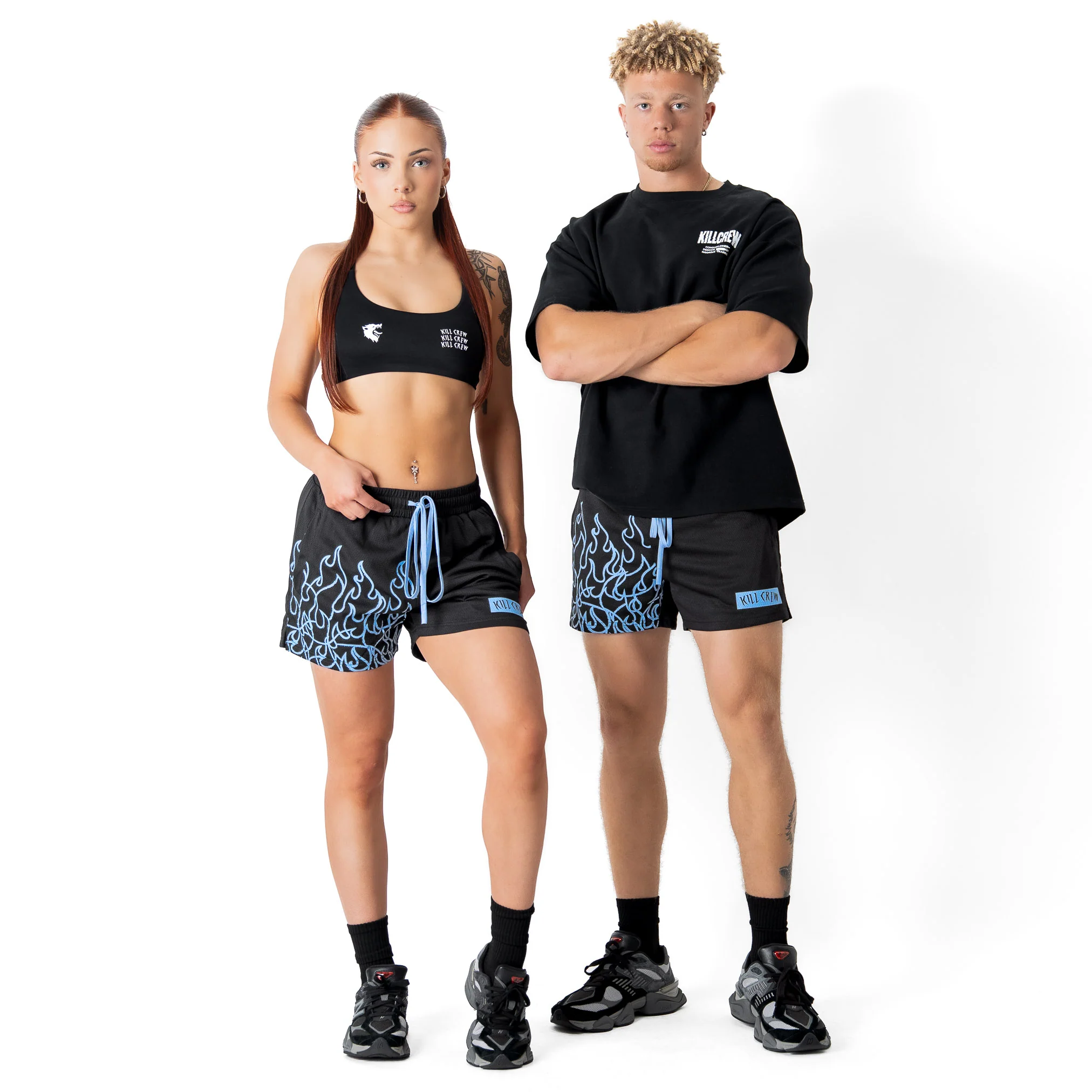 MUAY THAI FLAME SHORTS (MID THIGH CUT) - BLACK / BLUE - Image 2