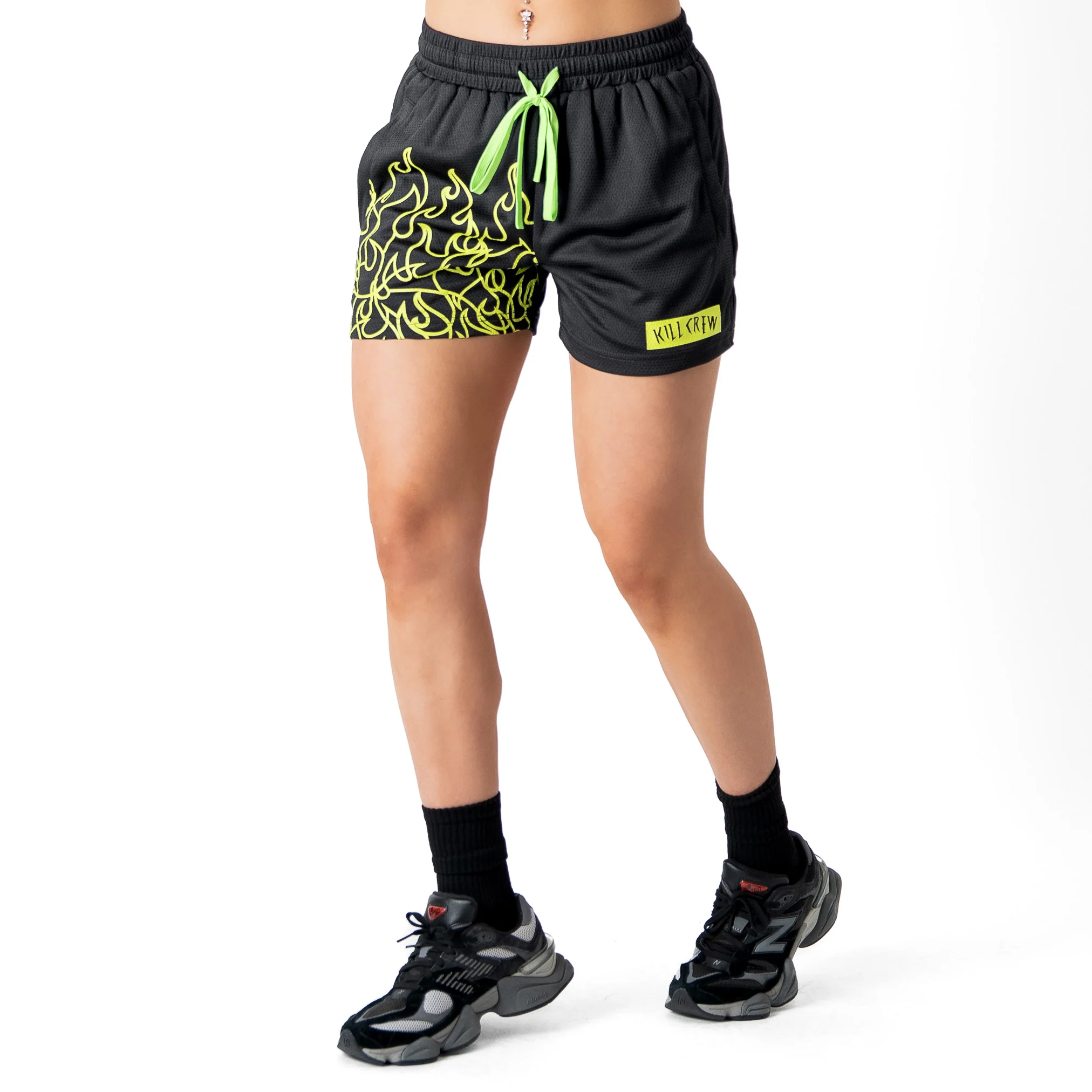 MUAY THAI FLAME SHORTS (MID THIGH CUT) - BLACK / NEON GREEN - Image 5