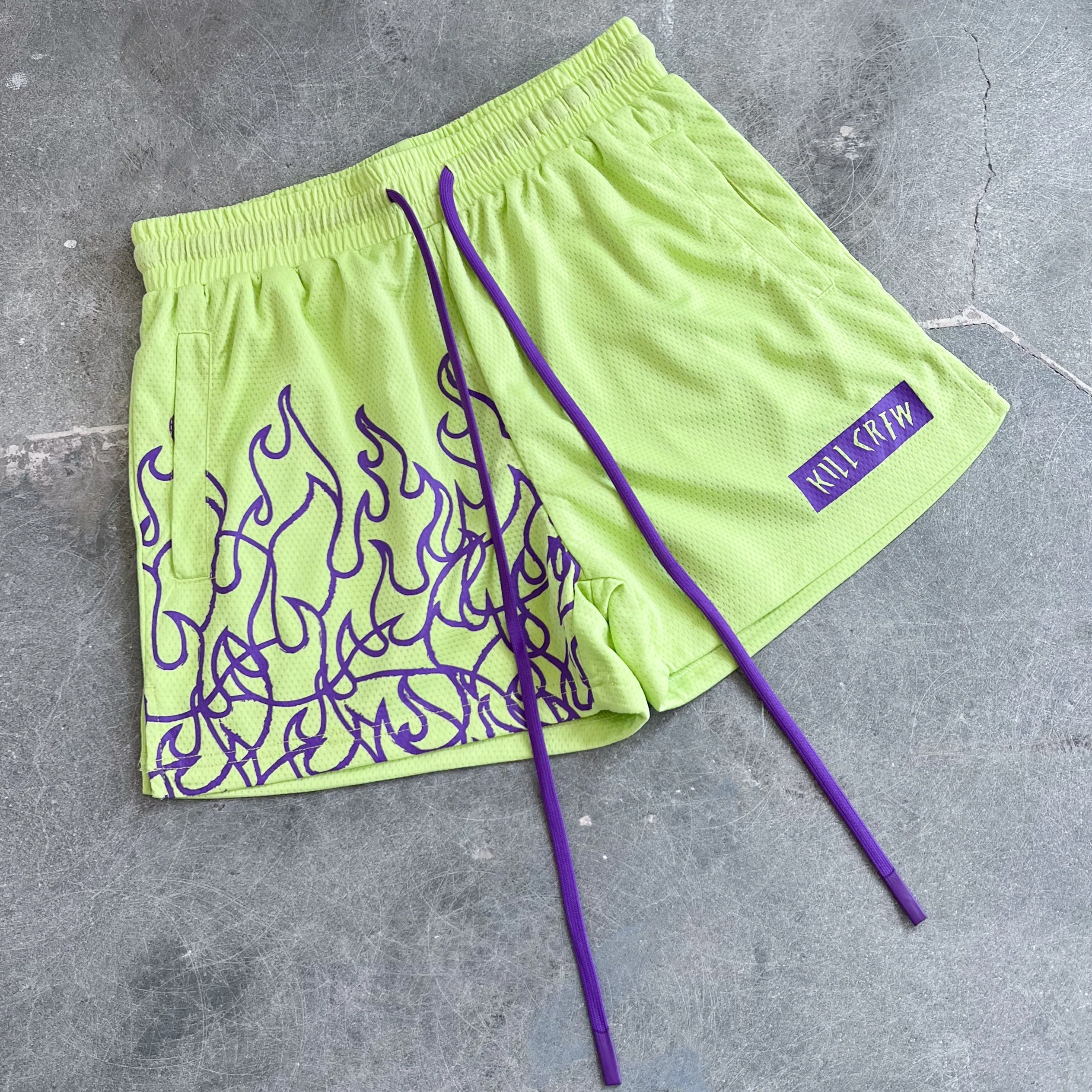 MUAY THAI FLAME SHORTS (MID THIGH CUT) - GREEN / PURPLE - Image 2