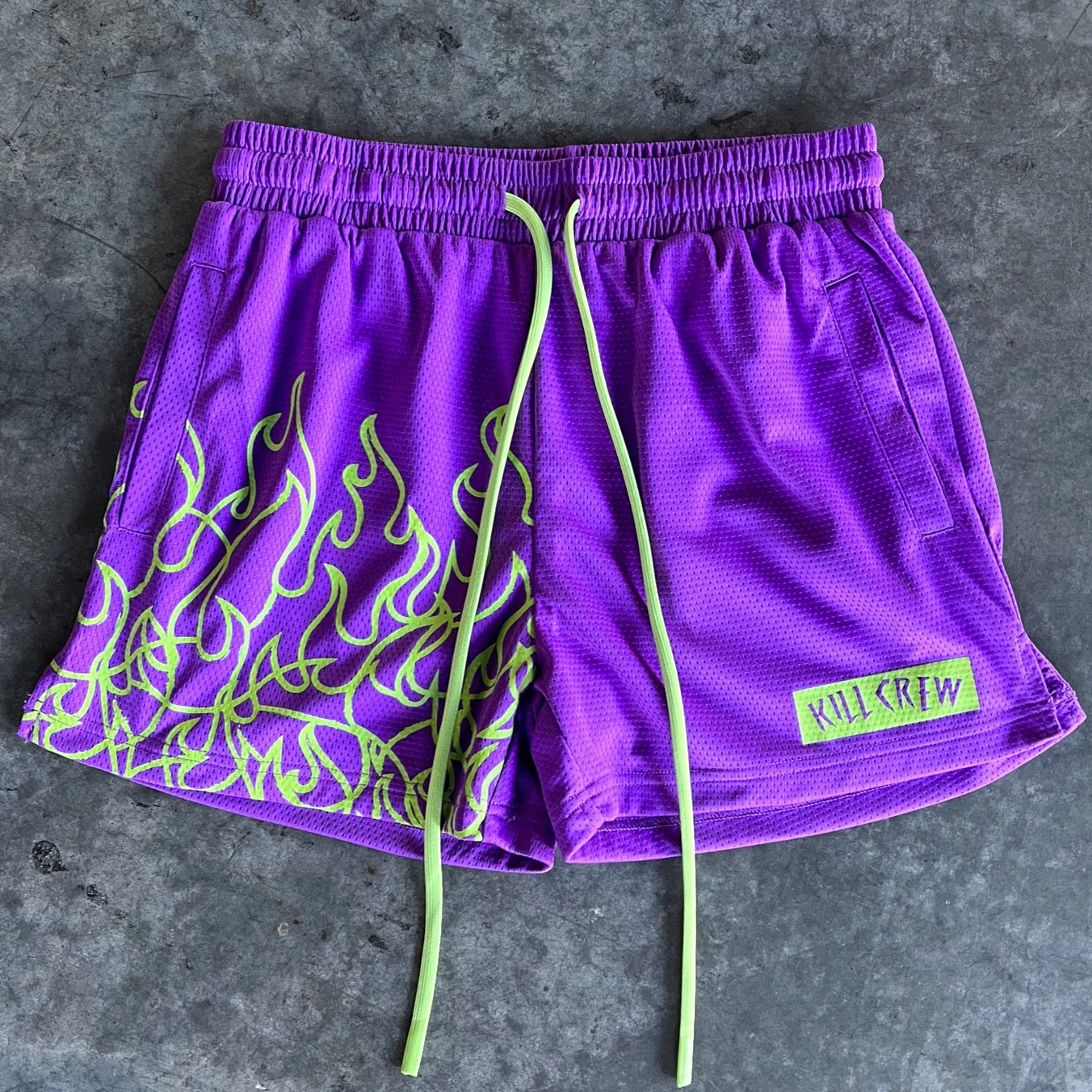 MUAY THAI FLAME SHORTS (MID THIGH CUT) - PURPLE / GREEN - Image 2