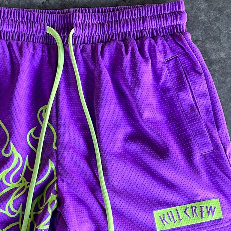 MUAY THAI FLAME SHORTS (MID THIGH CUT) - PURPLE / GREEN - Image 3