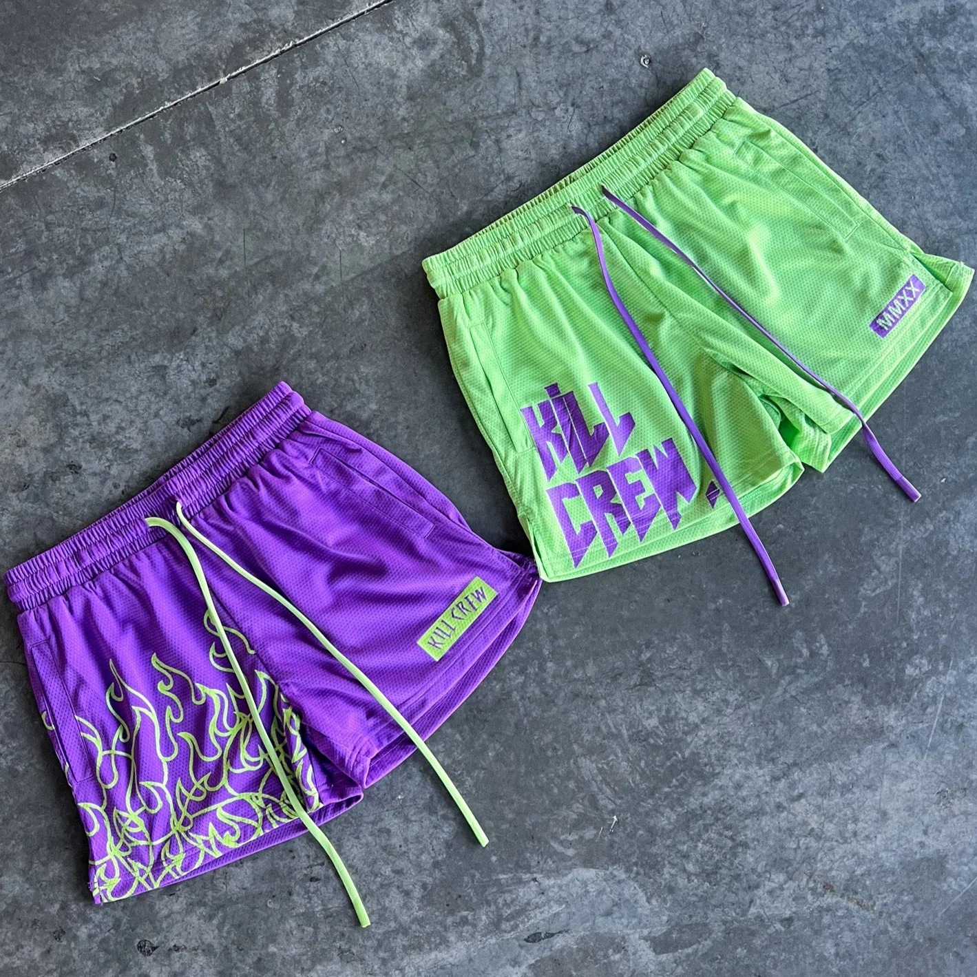 MUAY THAI FLAME SHORTS (MID THIGH CUT) - PURPLE / GREEN - Image 4