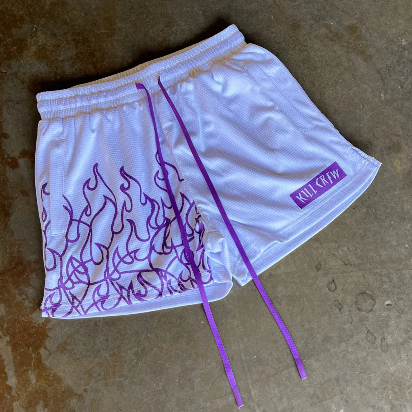 MUAY THAI FLAME SHORTS (MID THIGH CUT) - WHITE / PURPLE - Image 2