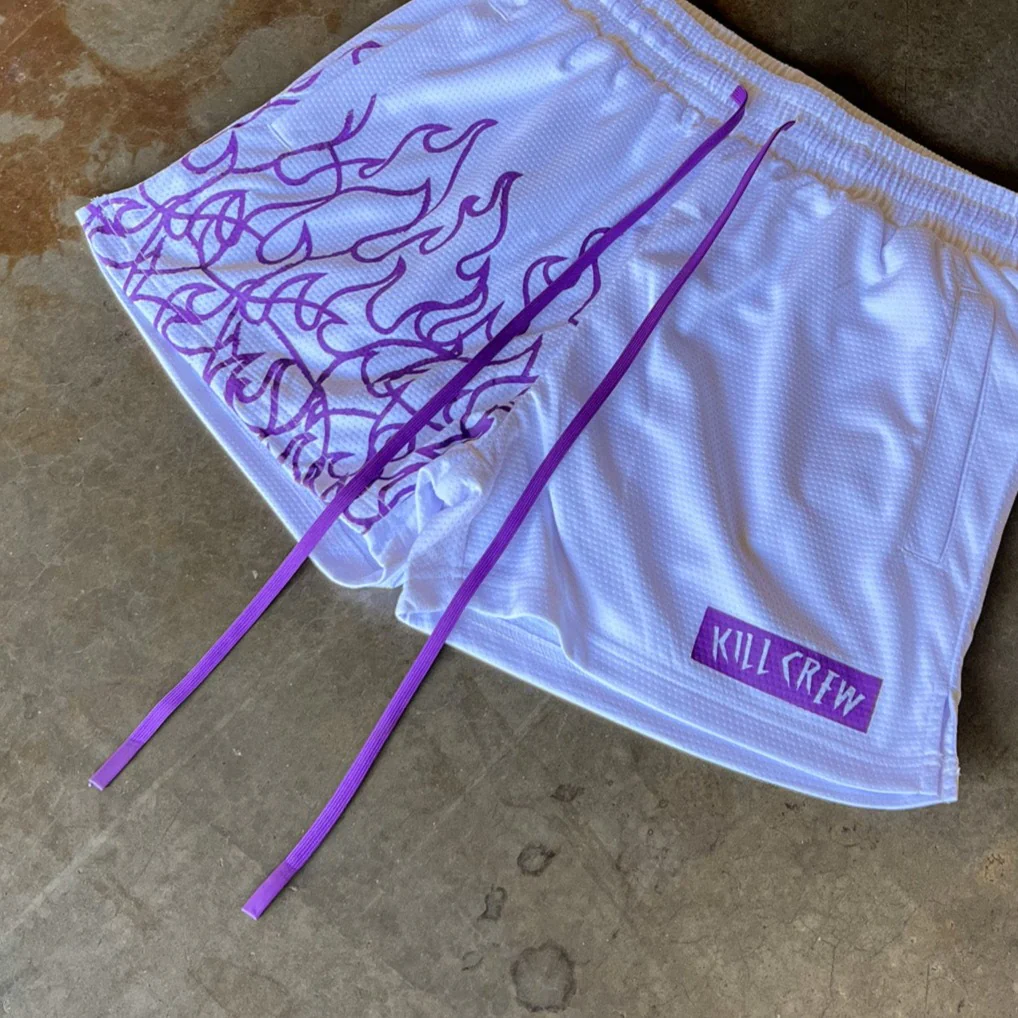 MUAY THAI FLAME SHORTS (MID THIGH CUT) - WHITE / PURPLE - Image 3