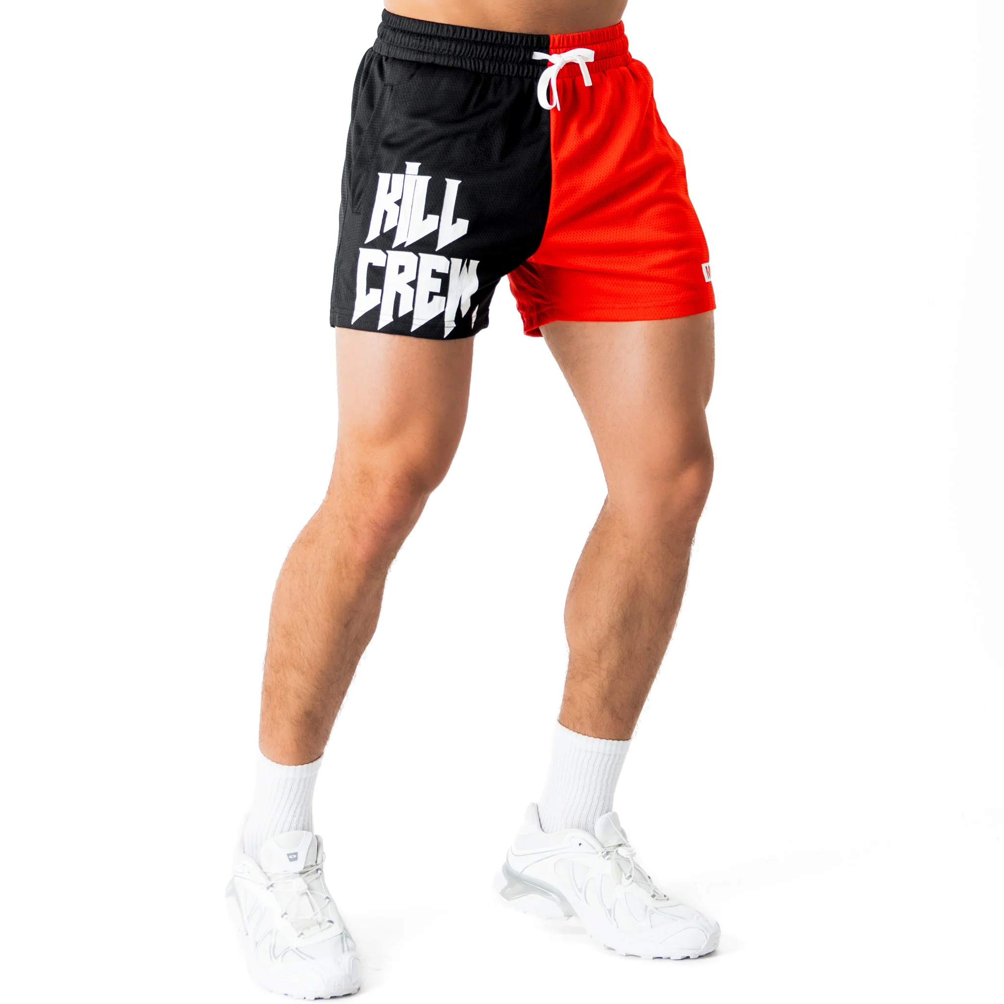 MUAY THAI SHORTS (MID THIGH CUT) 2 TONE - BLACK / RED - Image 3