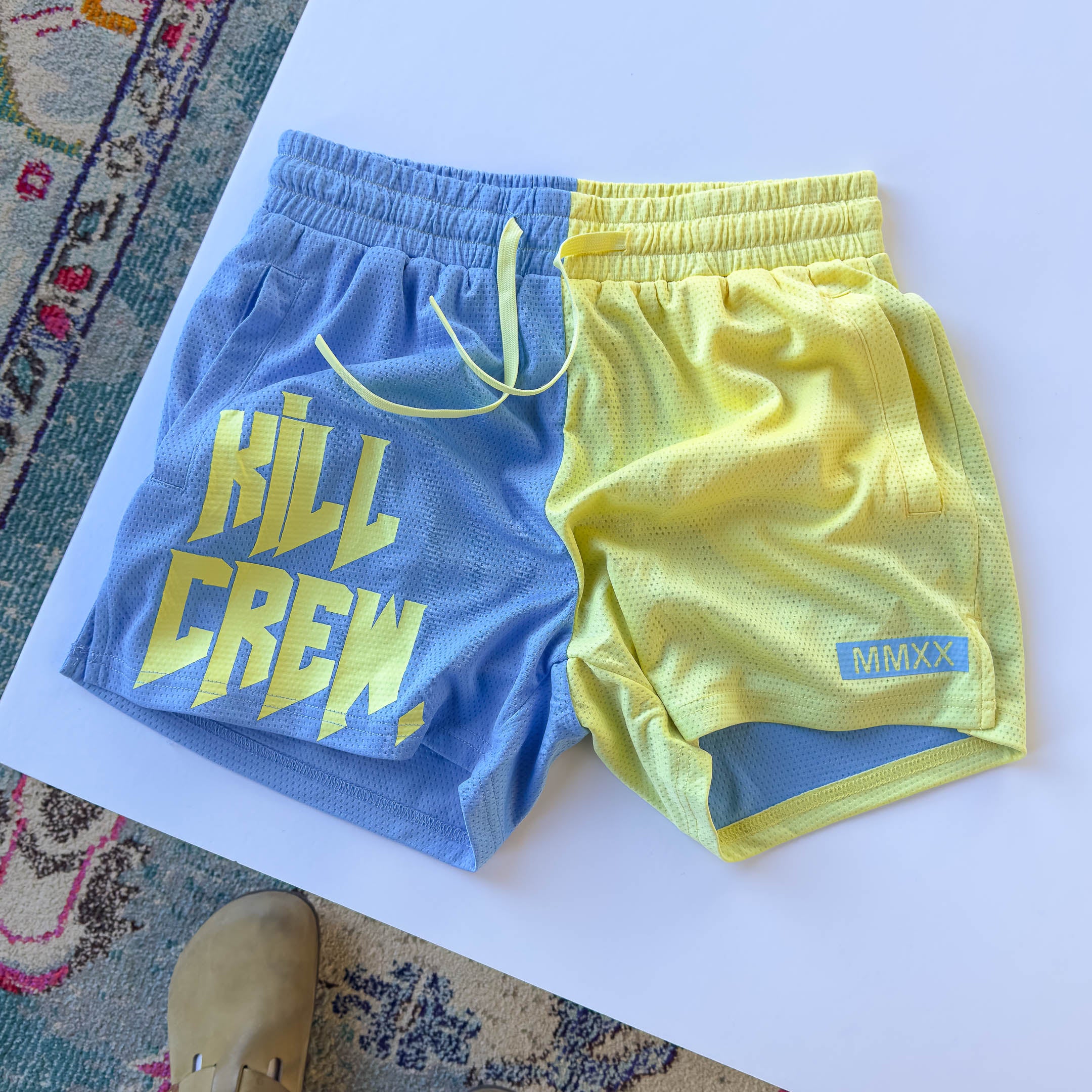 MUAY THAI SHORTS (MID THIGH CUT) 2 TONE - PASTEL BLUE / YELLOW - Image 2