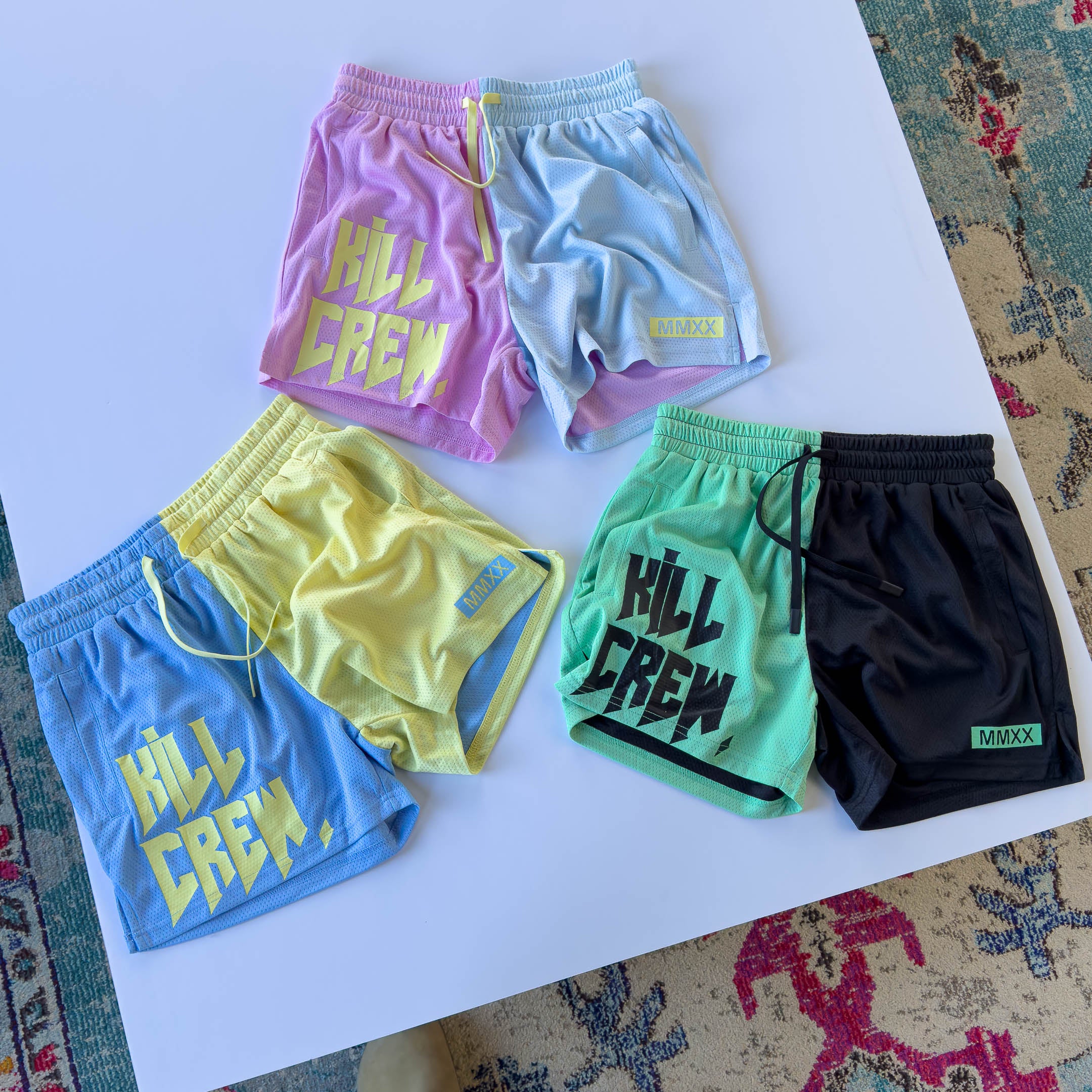 MUAY THAI SHORTS (MID THIGH CUT) 2 TONE - PASTEL BLUE / YELLOW - Image 3