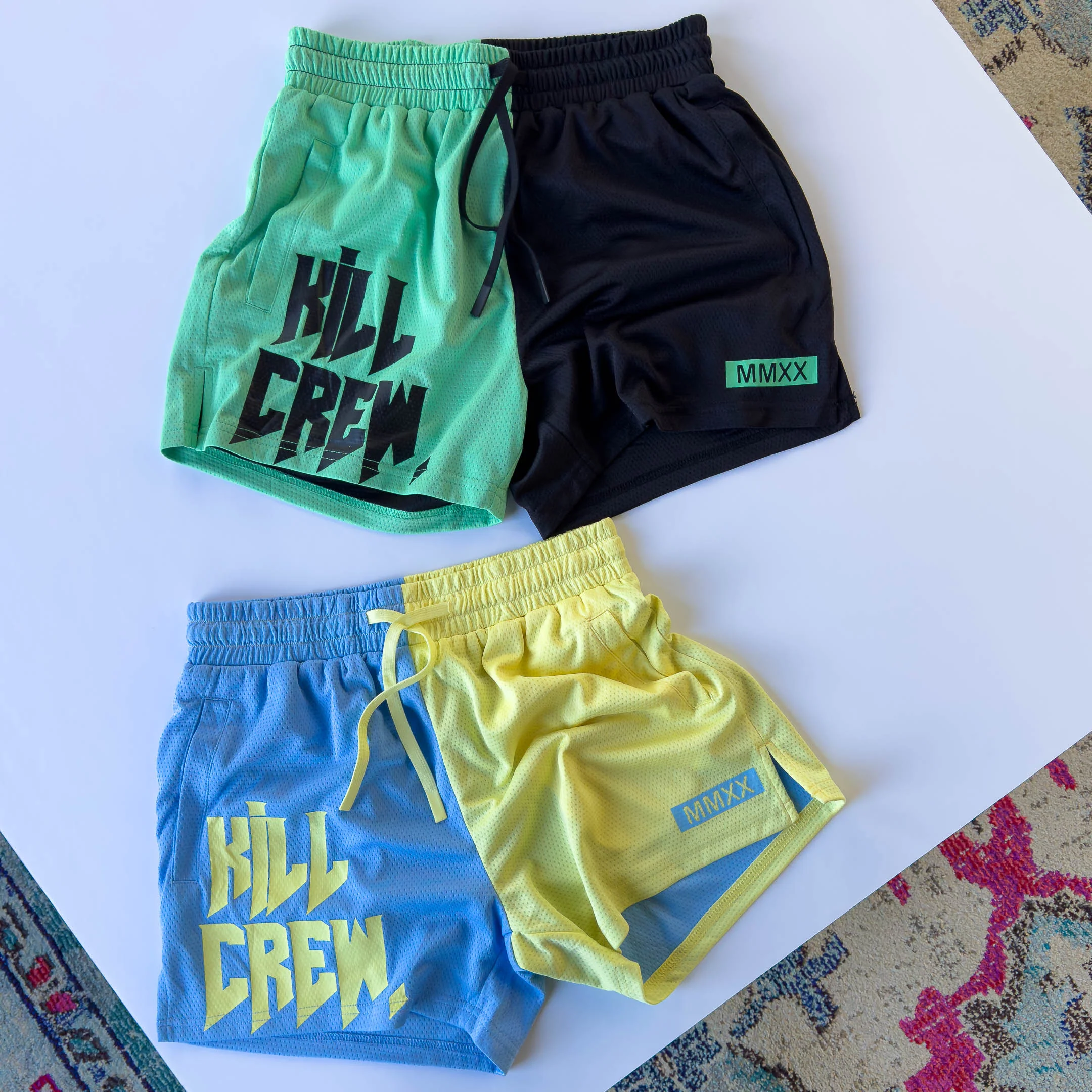 MUAY THAI SHORTS (MID THIGH CUT) 2 TONE - PASTEL BLUE / YELLOW - Image 4