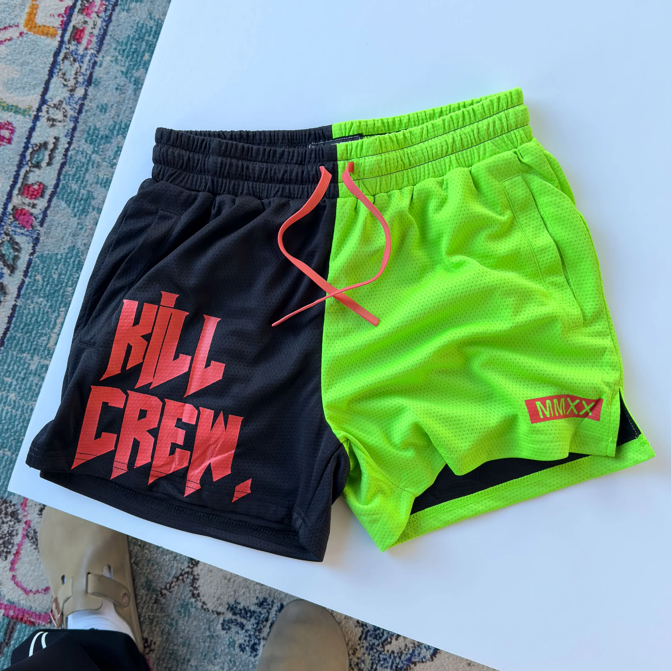 MUAY THAI SHORTS (MID THIGH CUT) 2 TONE - BLACK / GREEN - Image 2