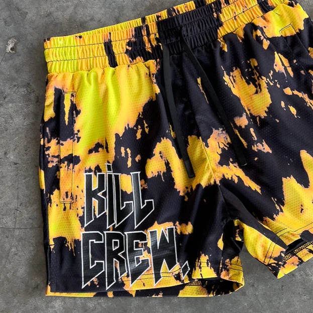 MUAY THAI SHORTS (MID THIGH CUT) ACID WASH - YELLOW / BLACK - Image 3