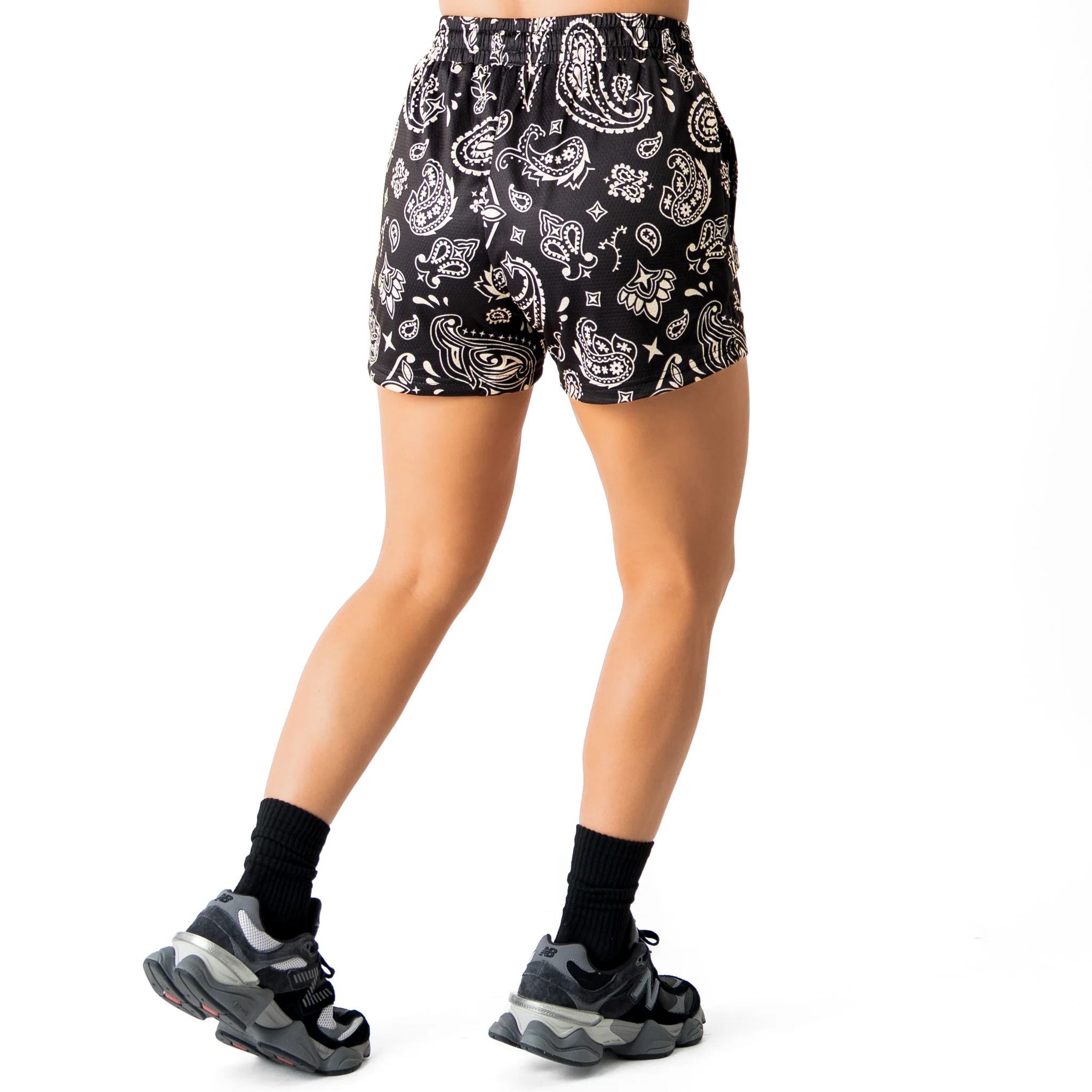 MUAY THAI SHORTS (MID THIGH CUT) BANDANA - BLACK / CREAM - Image 6