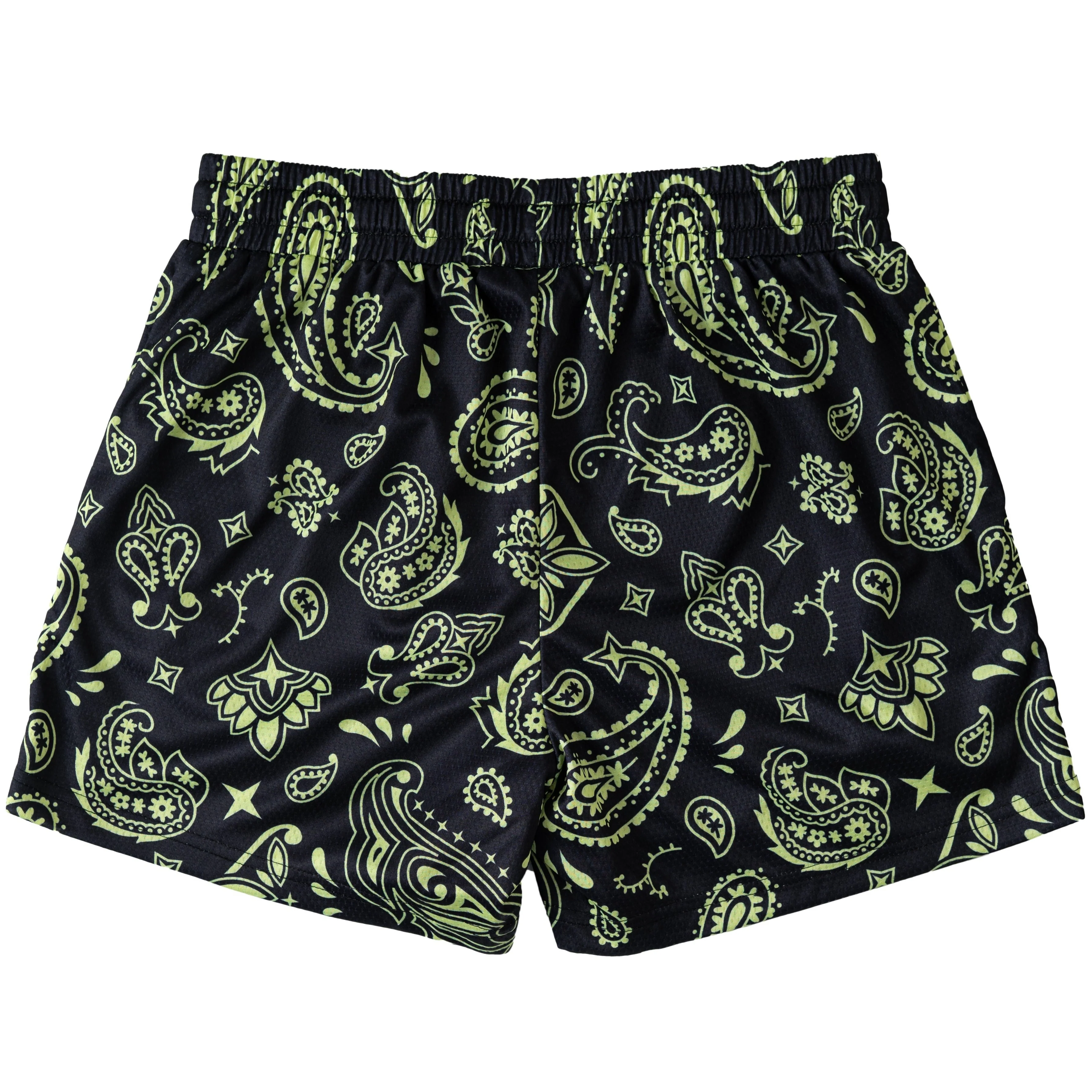 MUAY THAI SHORTS (MID THIGH CUT) BANDANA - BLACK / NEON GREEN - Image 4