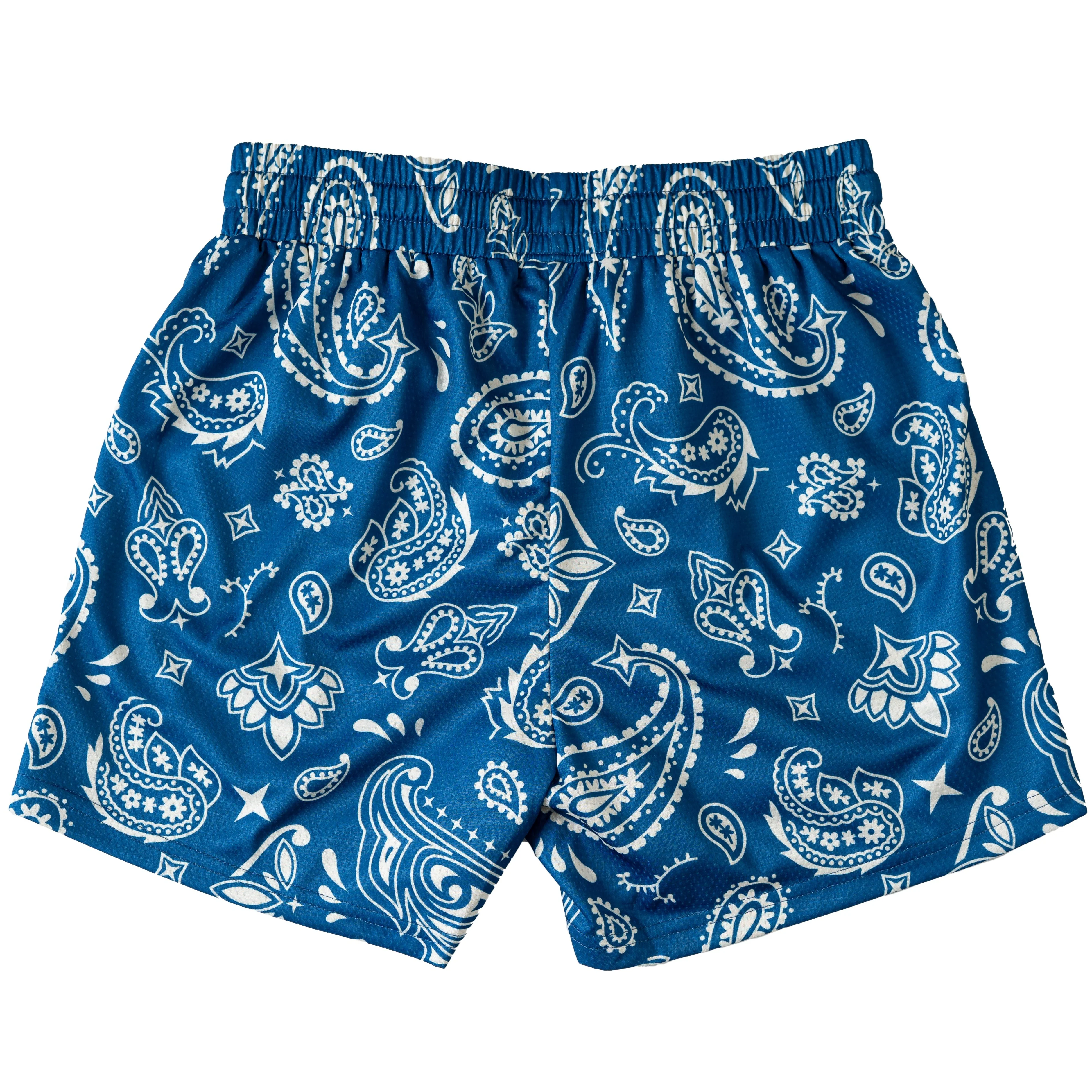MUAY THAI SHORTS (MID THIGH CUT) BANDANA - BLUE / CREAM - Image 4