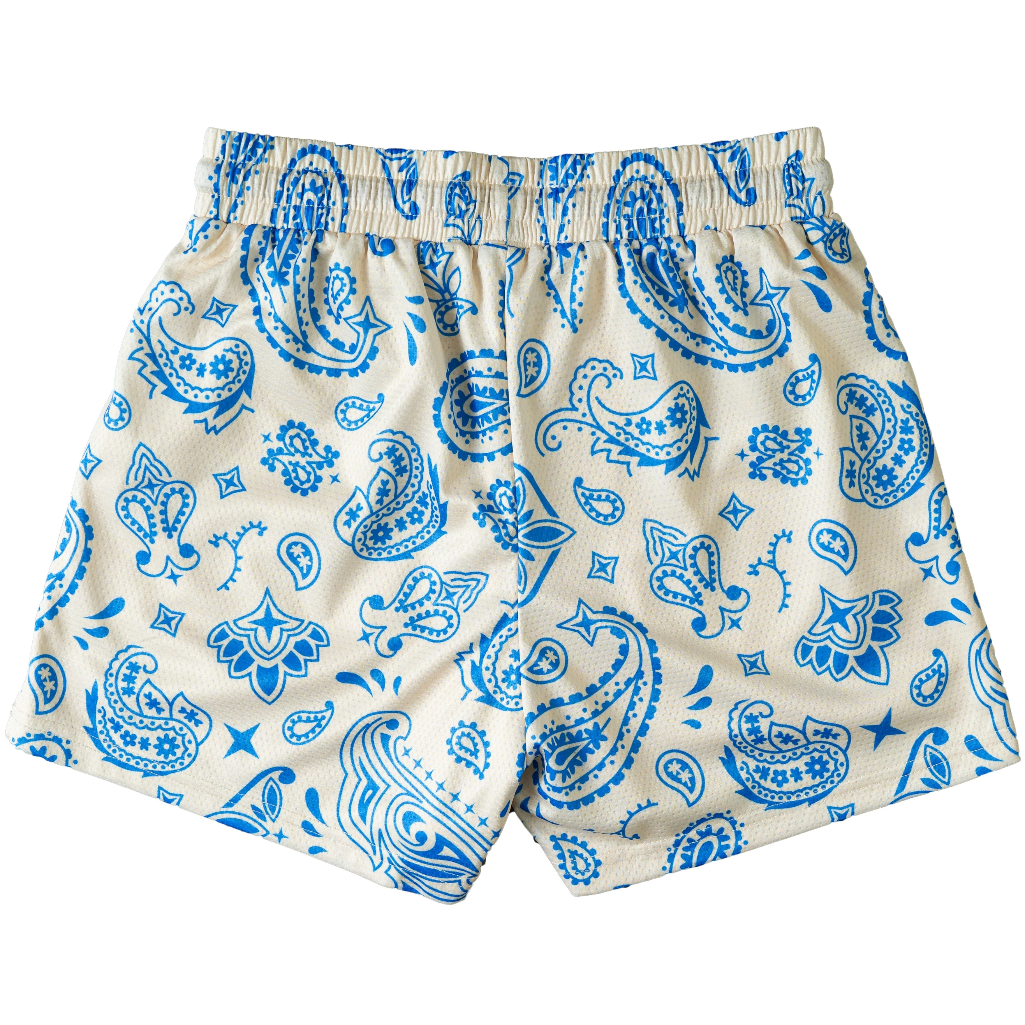 MUAY THAI SHORTS (MID THIGH CUT) BANDANA - CREAM / BLUE - Image 7