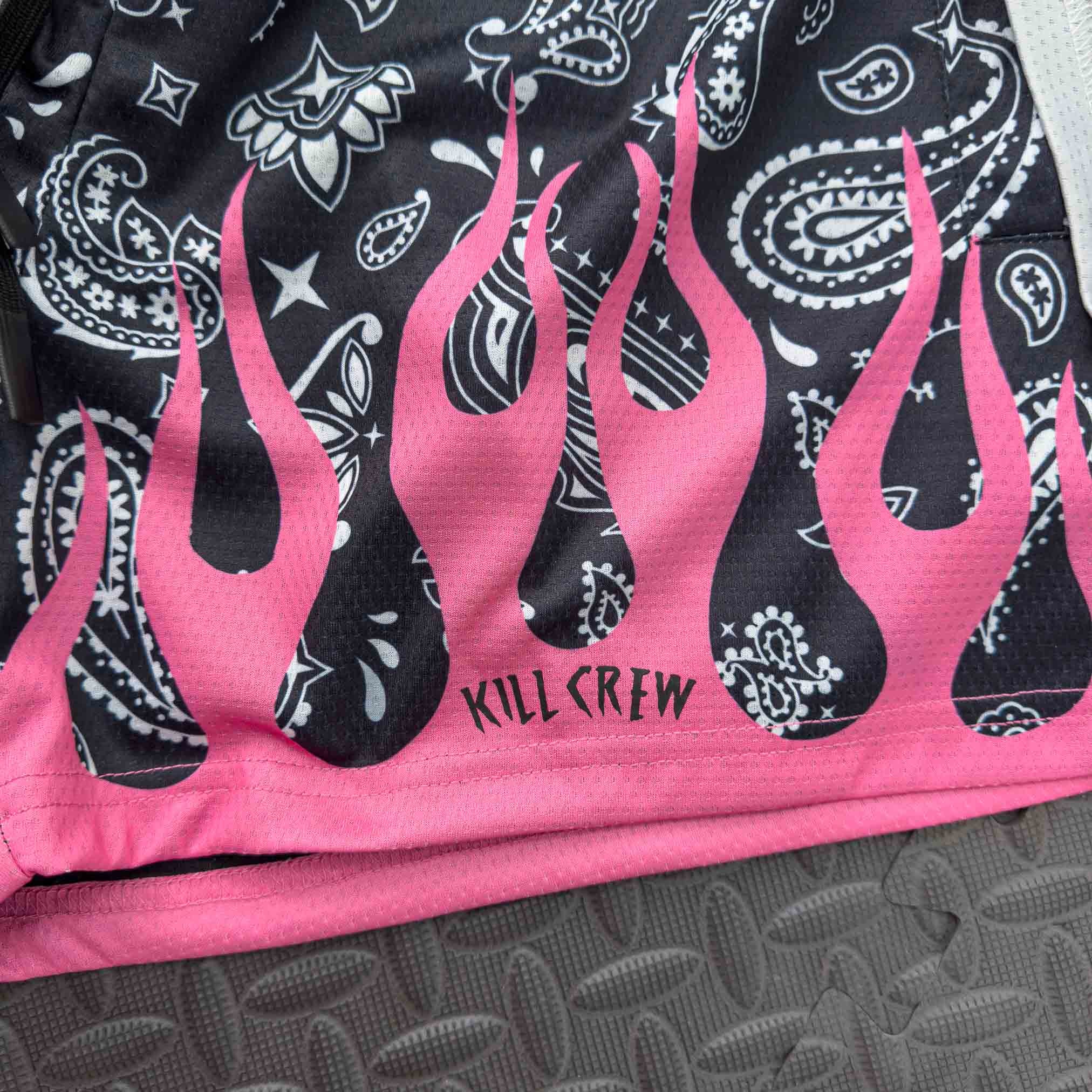 MUAY THAI SHORTS (MID THIGH CUT) BANDANA FLAME - BLACK / PINK - Image 5