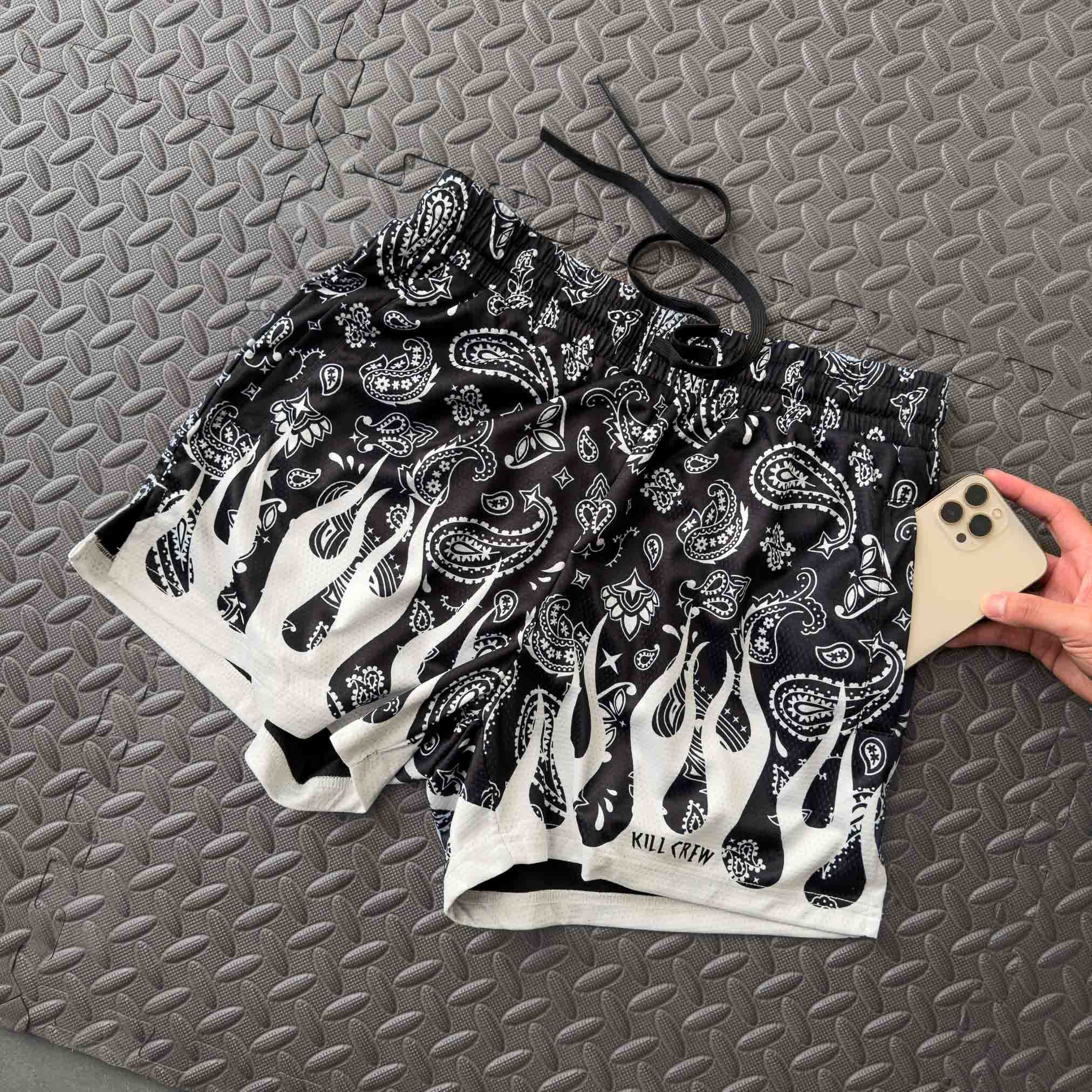 MUAY THAI SHORTS (MID THIGH CUT) BANDANA FLAME - BLACK / WHITE - Image 2