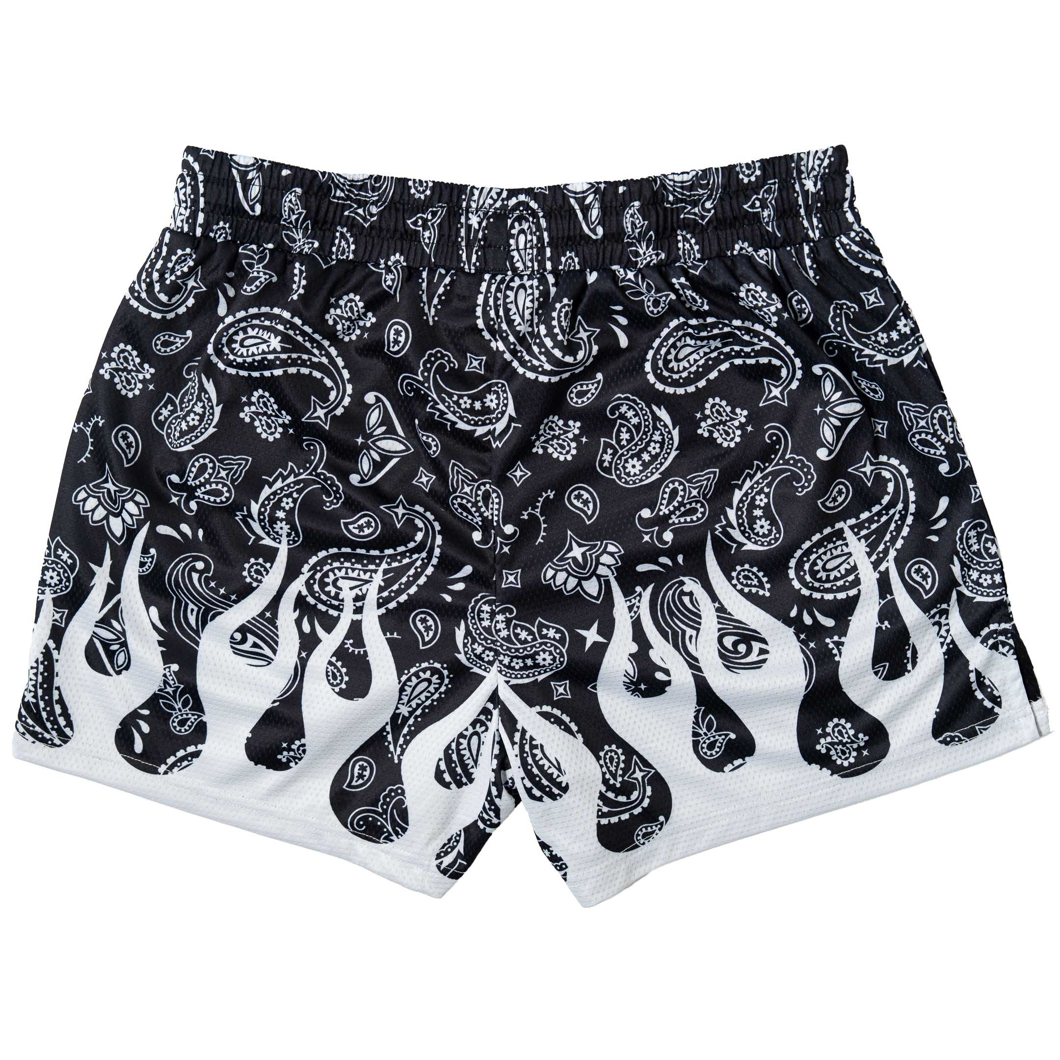 MUAY THAI SHORTS (MID THIGH CUT) BANDANA FLAME - BLACK / WHITE - Image 6