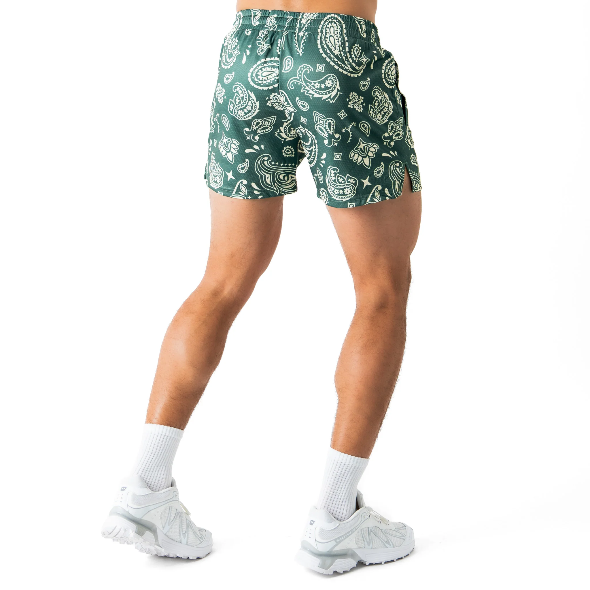 MUAY THAI SHORTS (MID THIGH CUT) BANDANA - GREEN / CREAM - Image 4