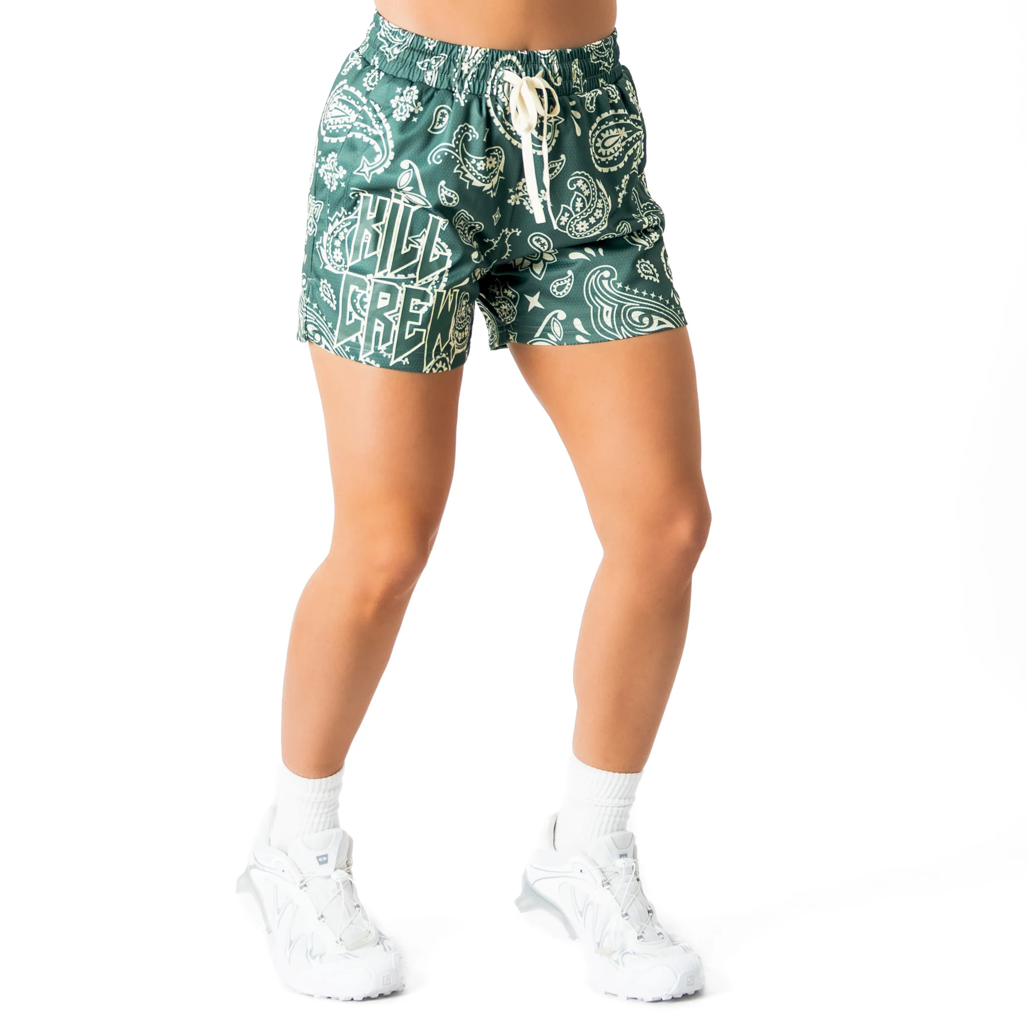 MUAY THAI SHORTS (MID THIGH CUT) BANDANA - GREEN / CREAM - Image 5