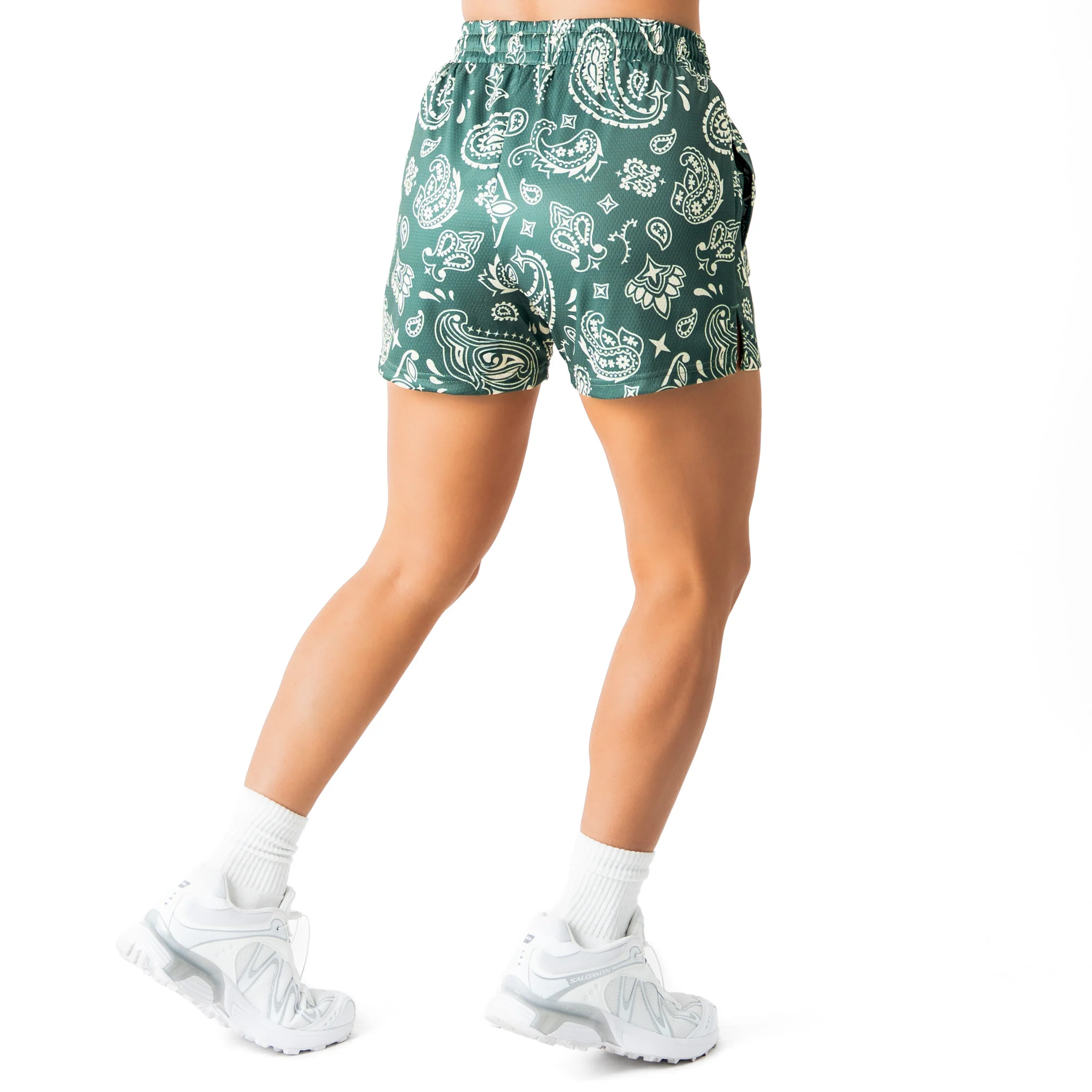 MUAY THAI SHORTS (MID THIGH CUT) BANDANA - GREEN / CREAM - Image 6