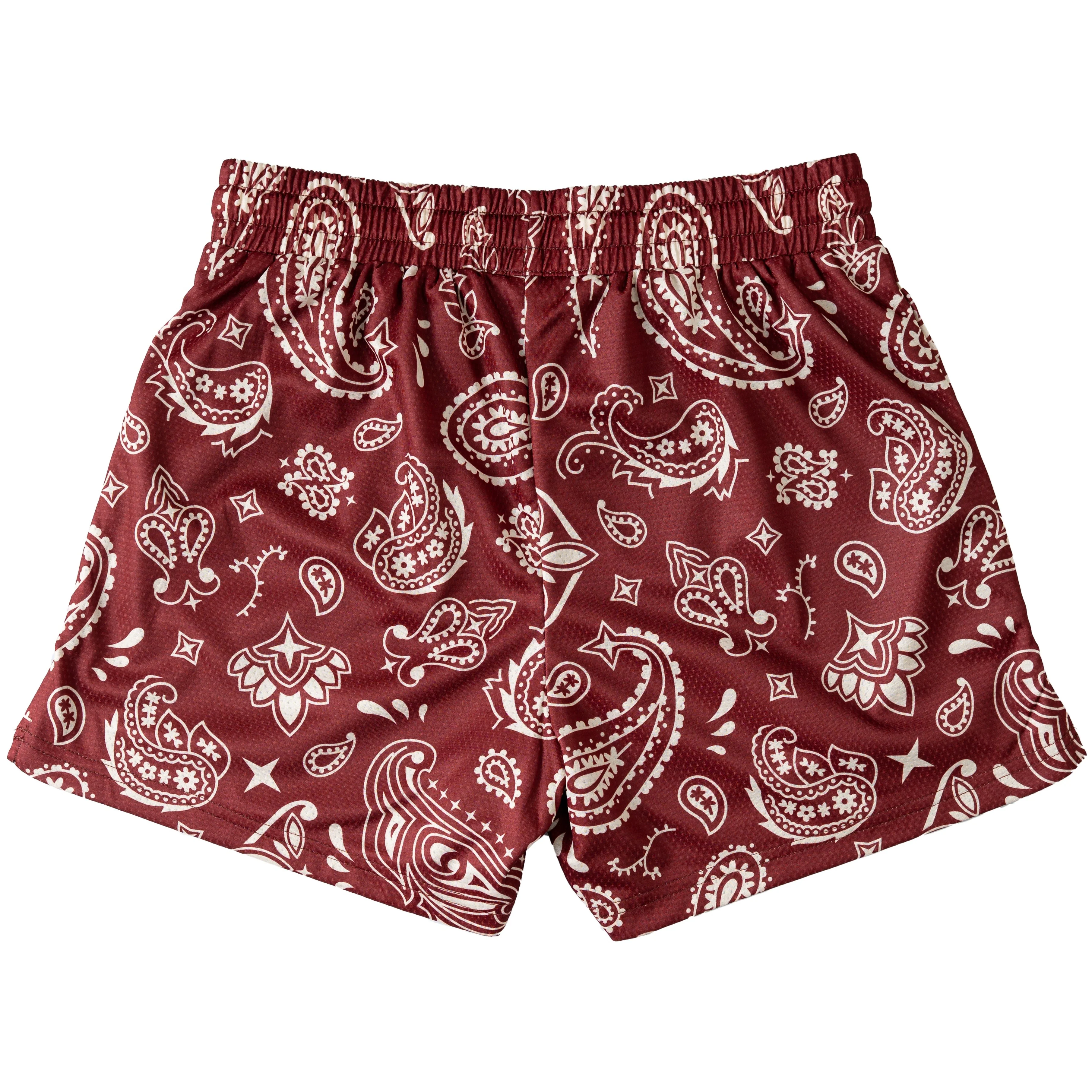 MUAY THAI SHORTS (MID THIGH CUT) BANDANA - RED / CREAM - Image 4