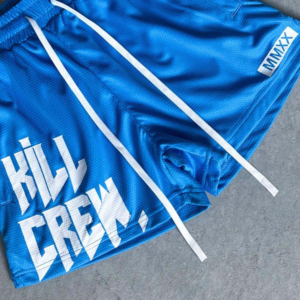 MUAY THAI SHORTS (MID THIGH CUT) - BLUE / WHITE - Image 3