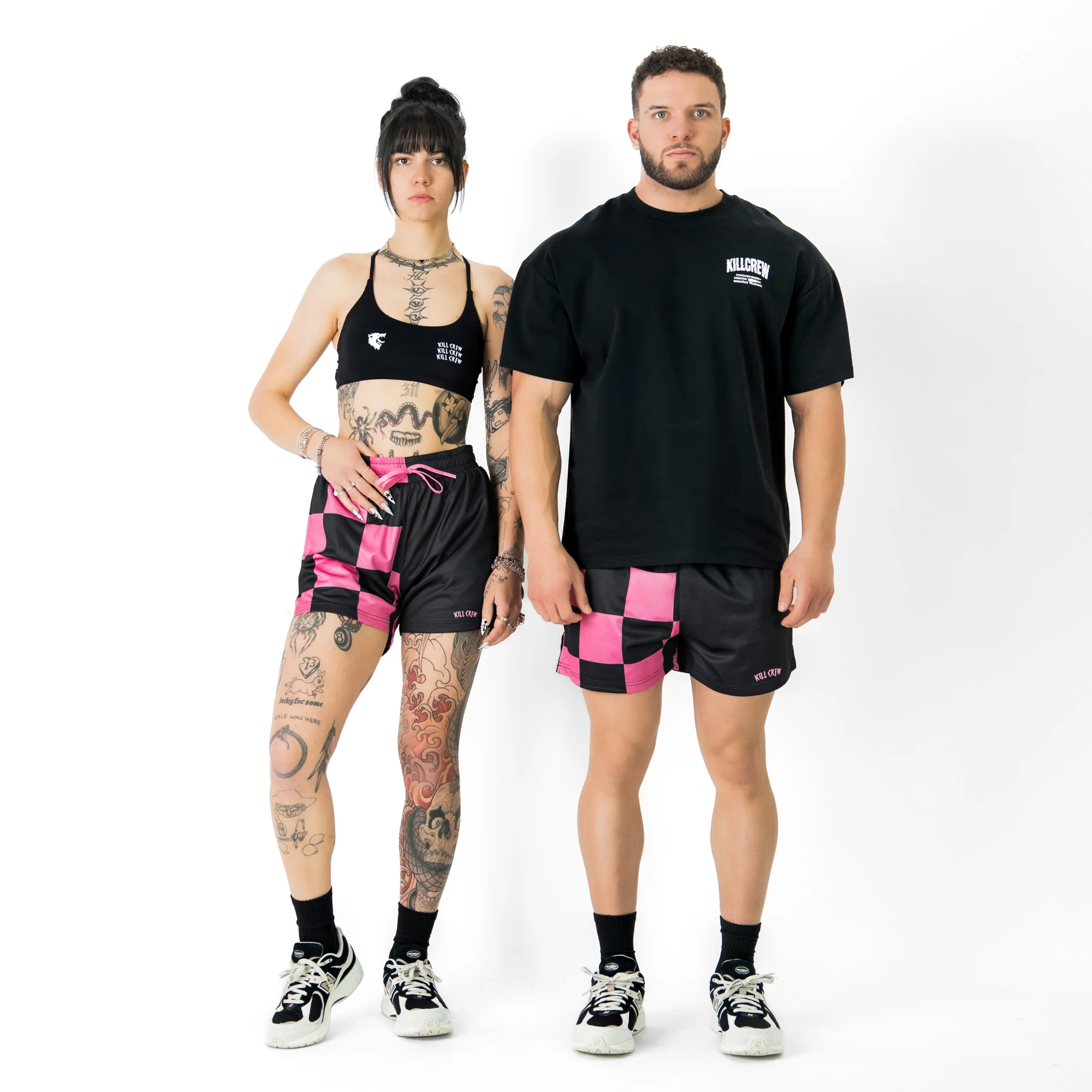 MUAY THAI SHORTS (MID THIGH CUT) CHECKER - BLACK / PINK - Image 2