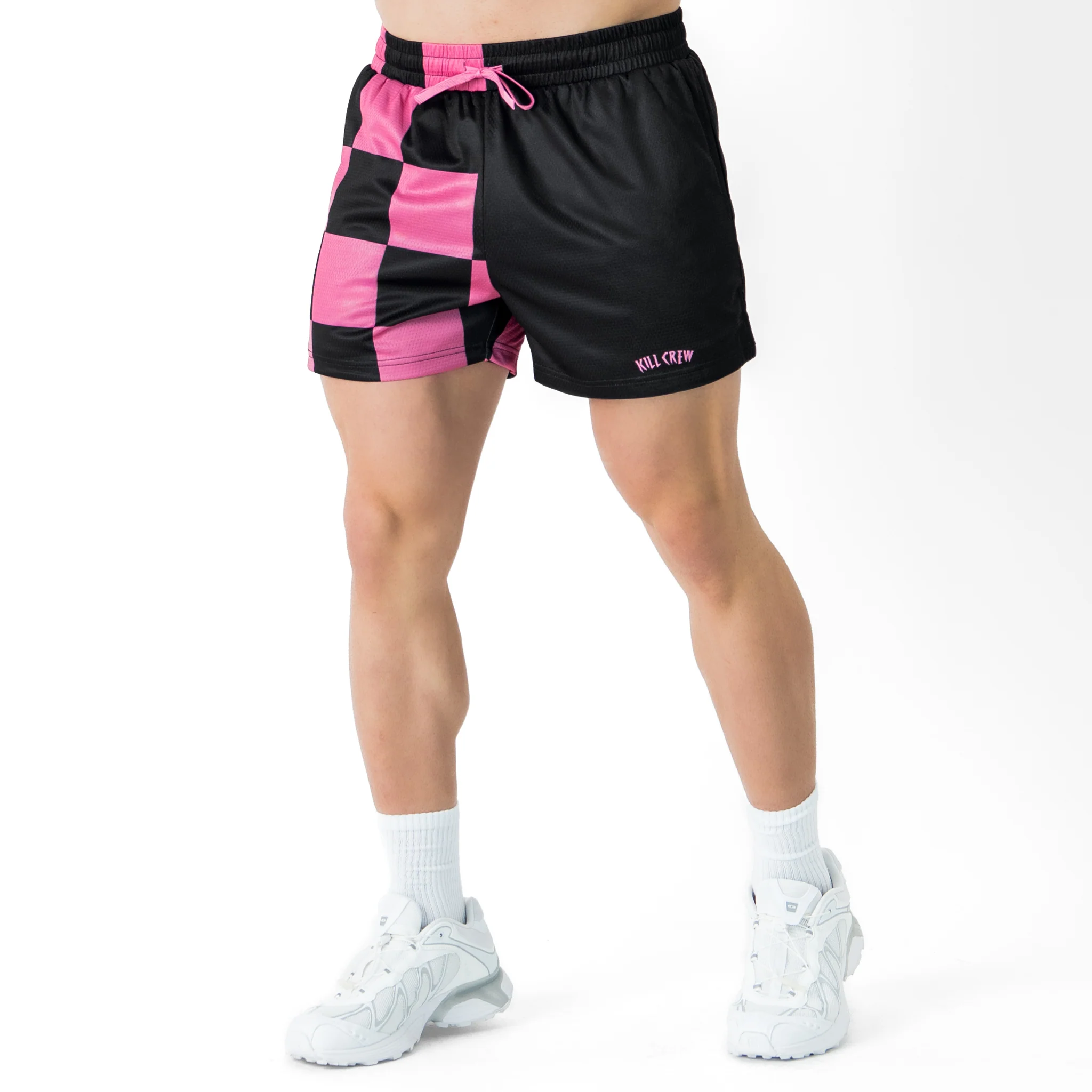 MUAY THAI SHORTS (MID THIGH CUT) CHECKER - BLACK / PINK - Image 3