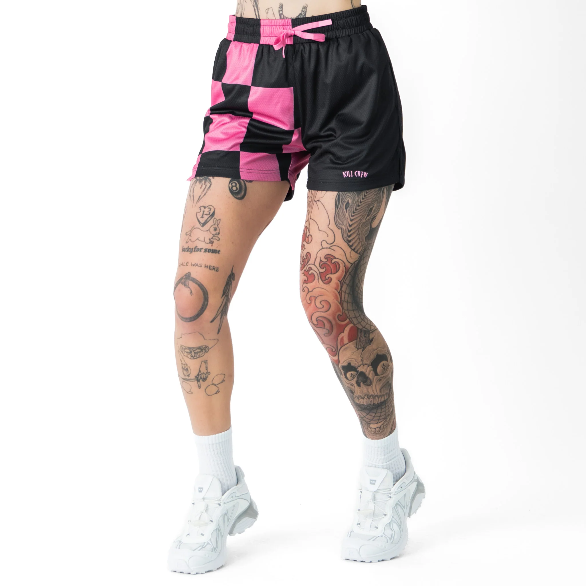 MUAY THAI SHORTS (MID THIGH CUT) CHECKER - BLACK / PINK - Image 5