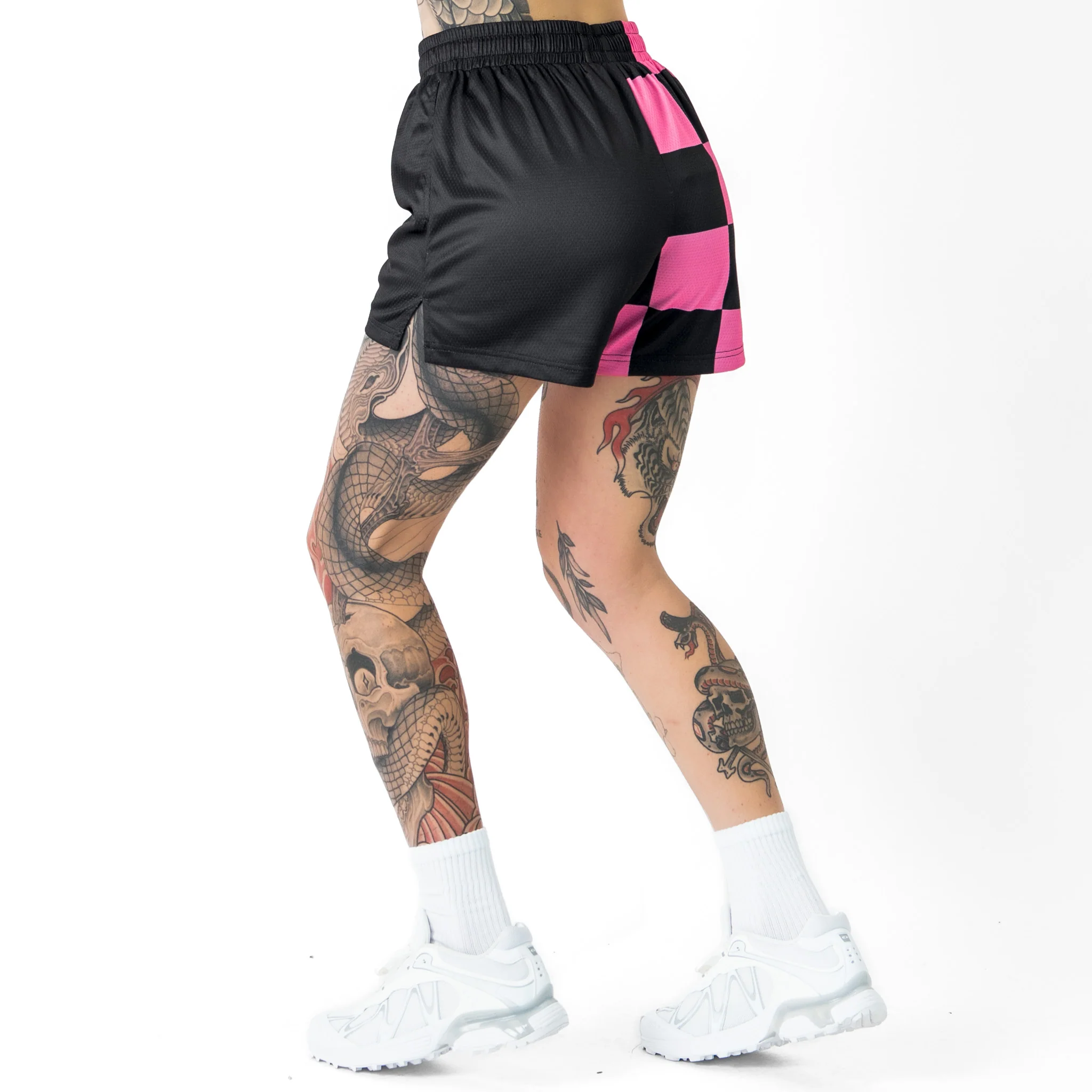 MUAY THAI SHORTS (MID THIGH CUT) CHECKER - BLACK / PINK - Image 6