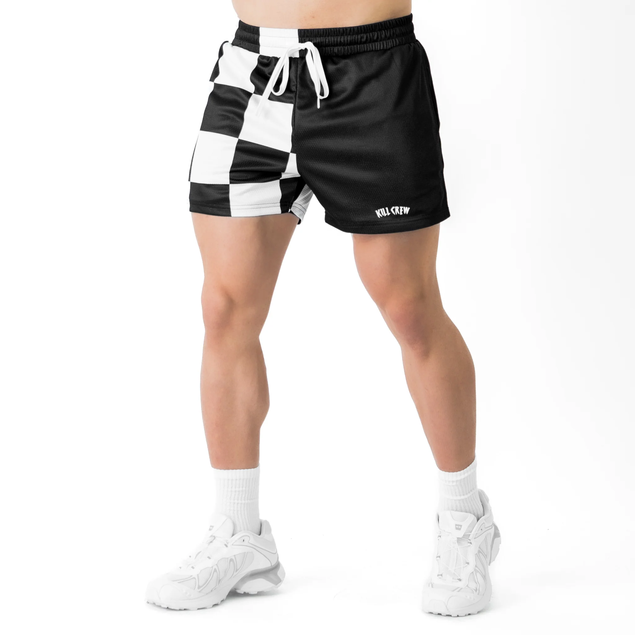 MUAY THAI SHORTS (MID THIGH CUT) CHECKER - BLACK / WHITE - Image 4