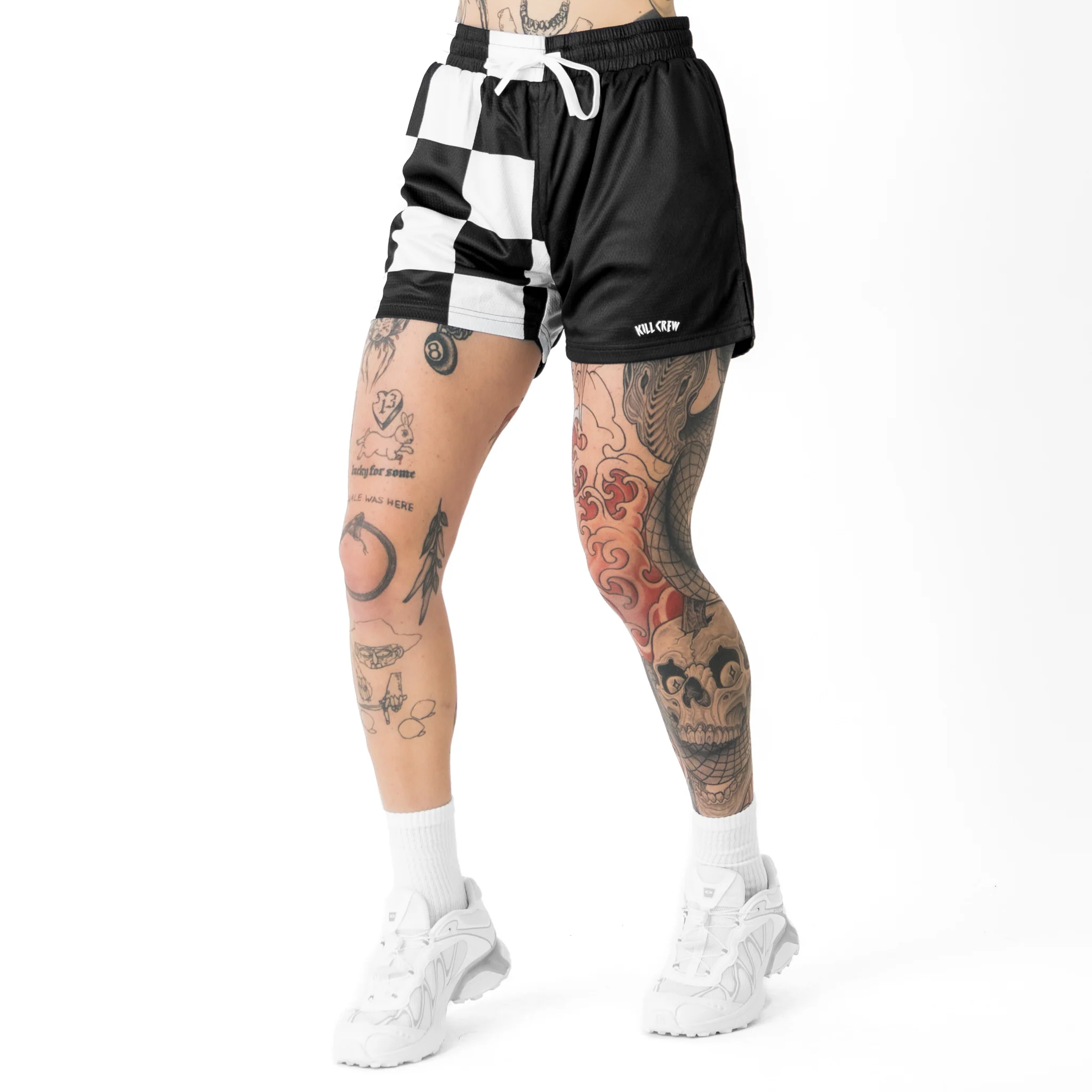 MUAY THAI SHORTS (MID THIGH CUT) CHECKER - BLACK / WHITE - Image 5