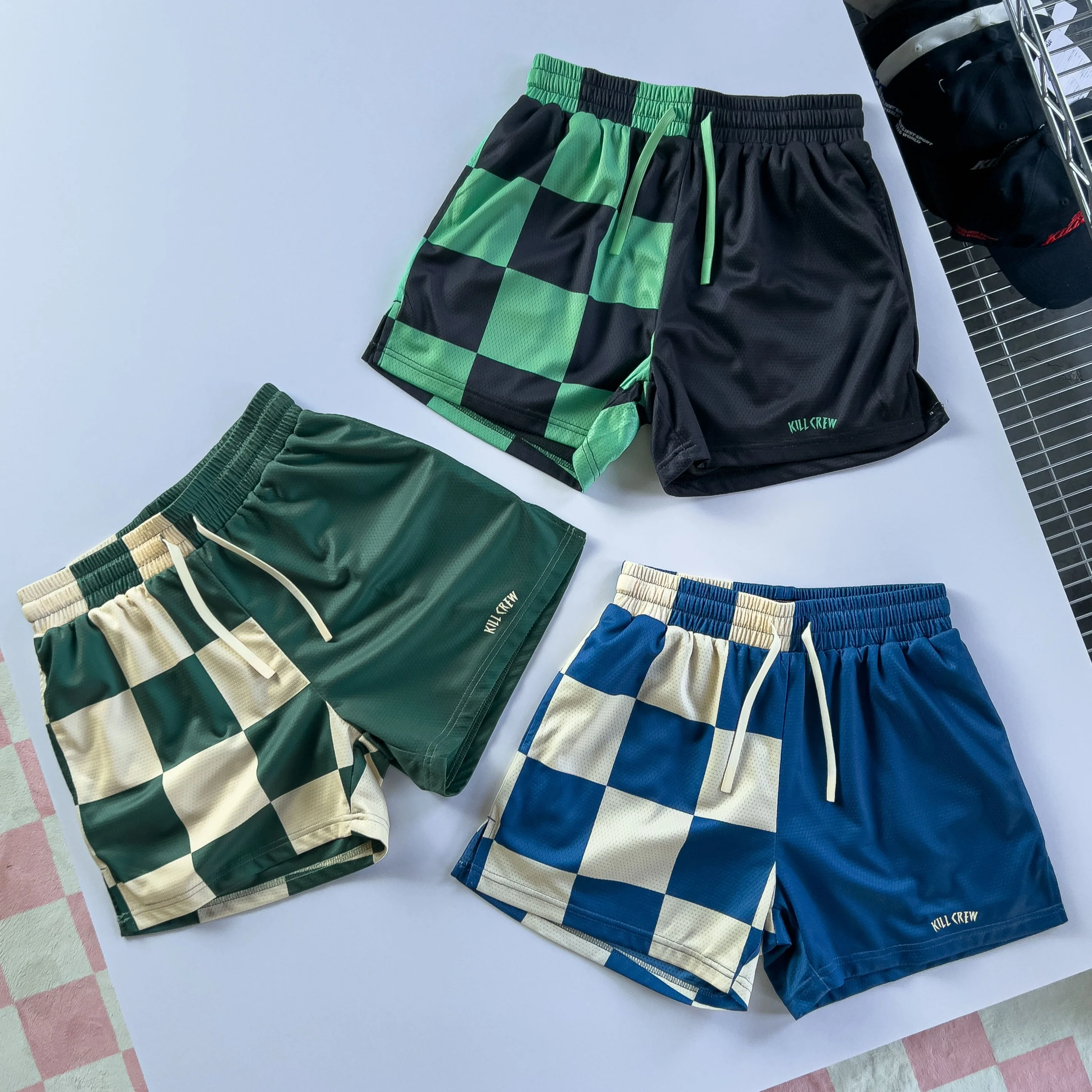 MUAY THAI SHORTS (MID THIGH CUT) CHECKER - BLUE / CREAM - Image 3