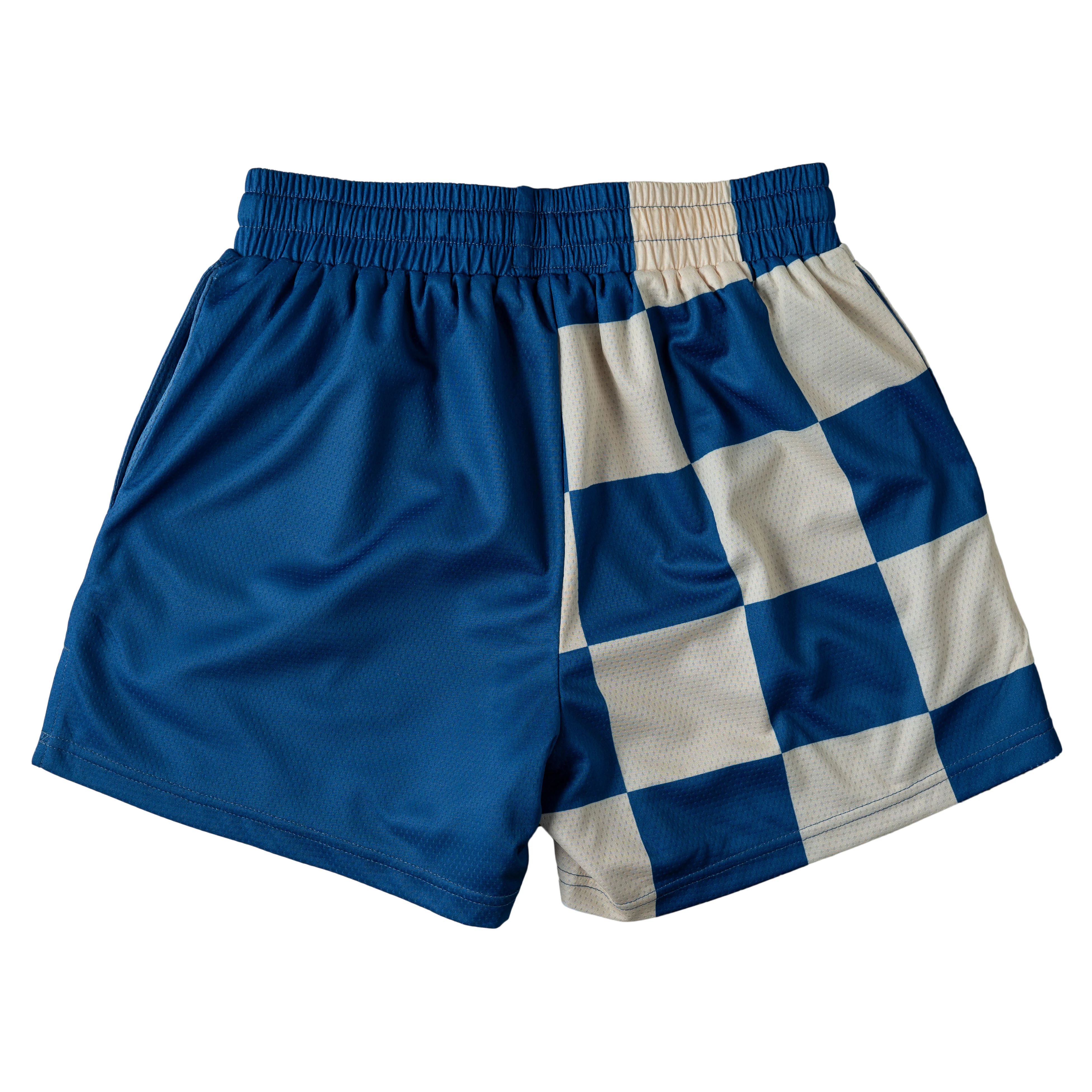 MUAY THAI SHORTS (MID THIGH CUT) CHECKER - BLUE / CREAM - Image 4