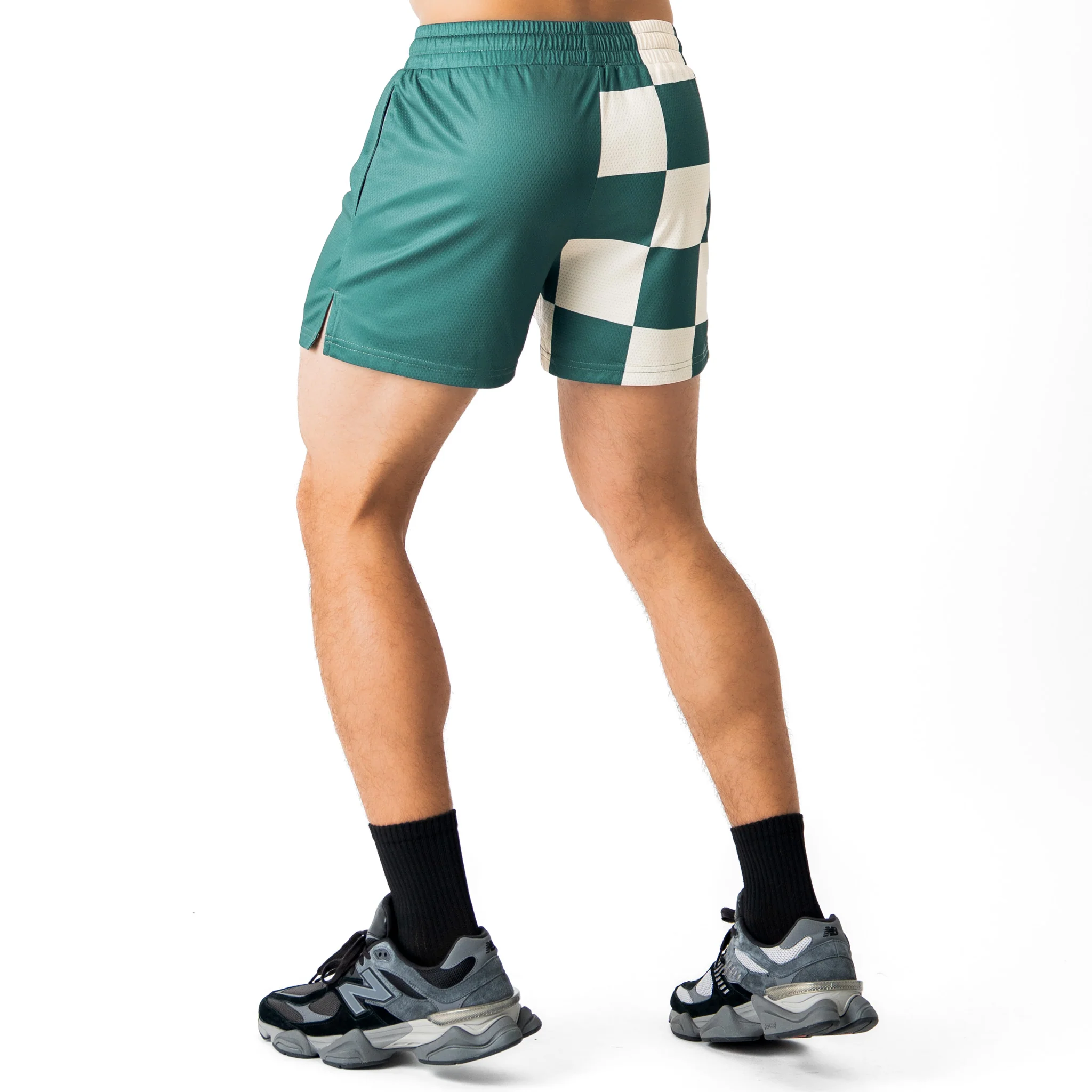 MUAY THAI SHORTS (MID THIGH CUT) CHECKER - GREEN / CREAM - Image 4