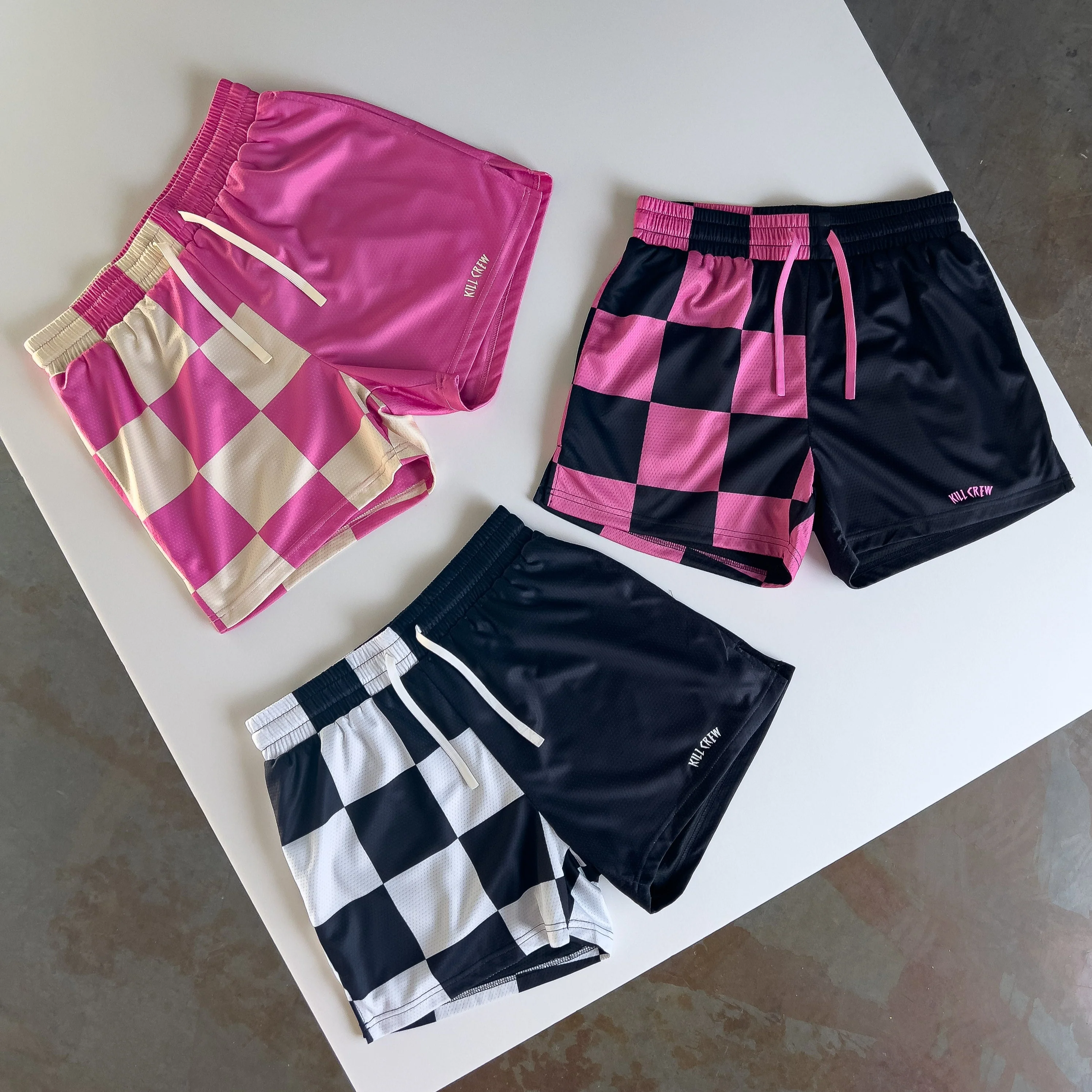 MUAY THAI SHORTS (MID THIGH CUT) CHECKER - PINK / CREAM - Image 3