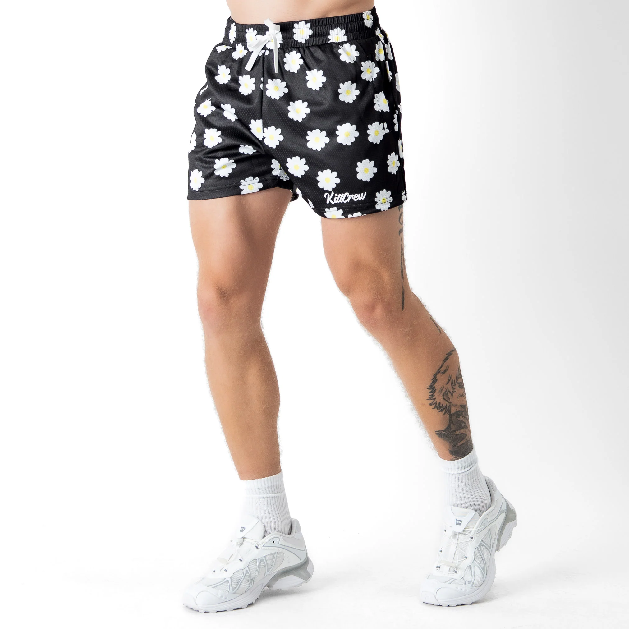 MUAY THAI SHORTS (MID THIGH CUT) DAISY - BLACK - Image 3