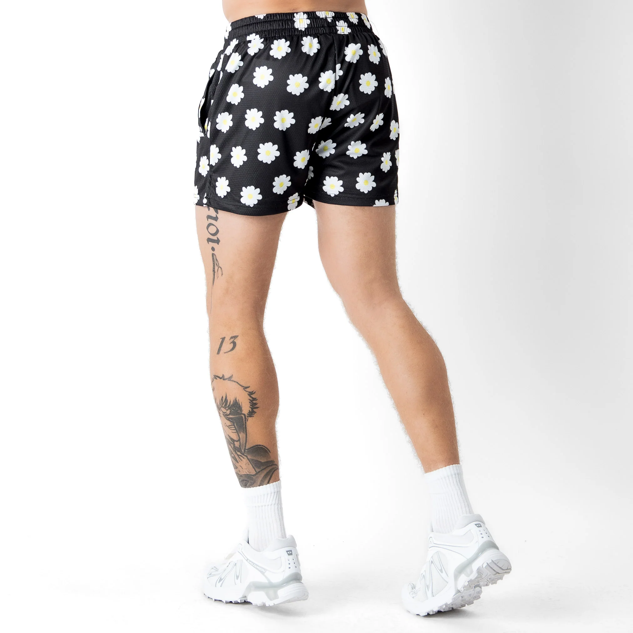 MUAY THAI SHORTS (MID THIGH CUT) DAISY - BLACK - Image 4