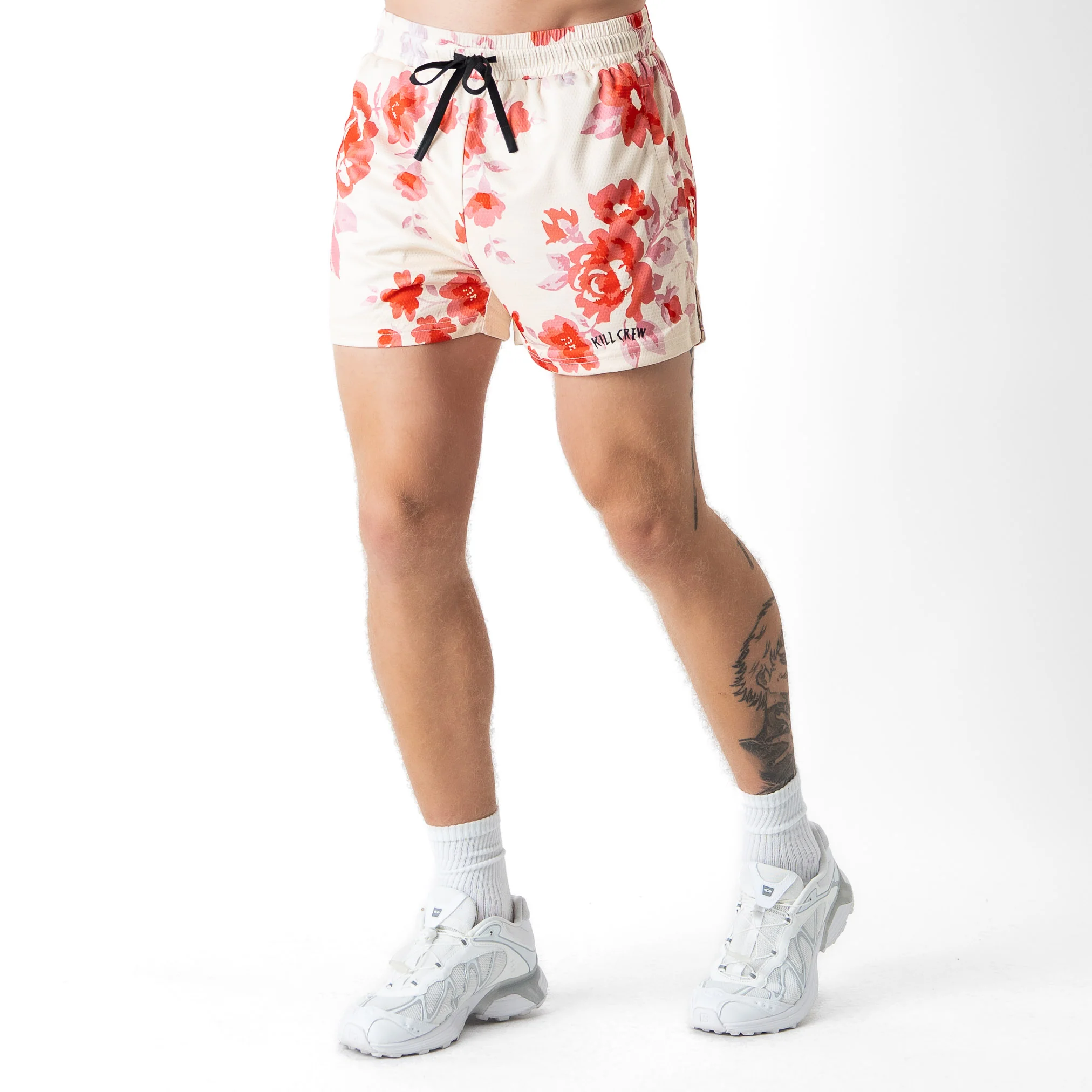 MUAY THAI SHORTS (MID THIGH CUT) FLORAL - CREAM - Image 3