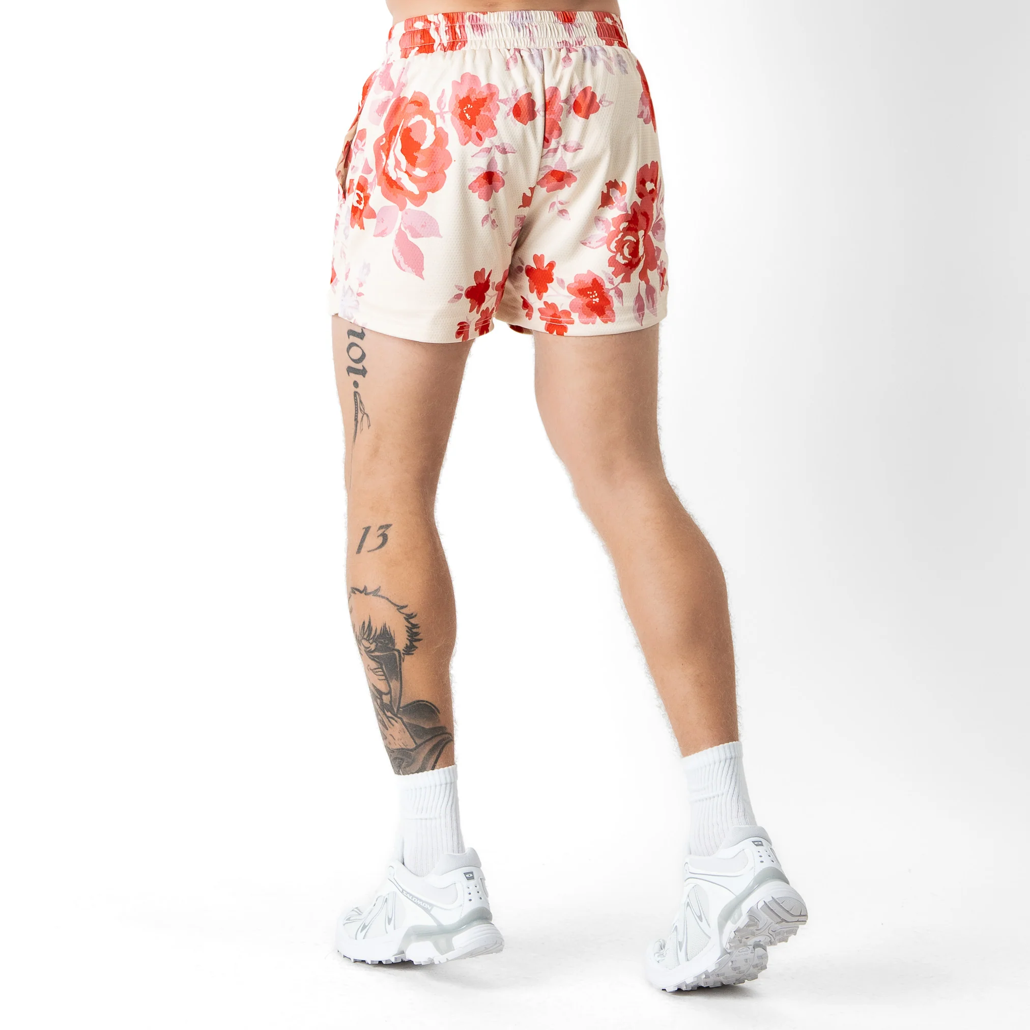 MUAY THAI SHORTS (MID THIGH CUT) FLORAL - CREAM - Image 4
