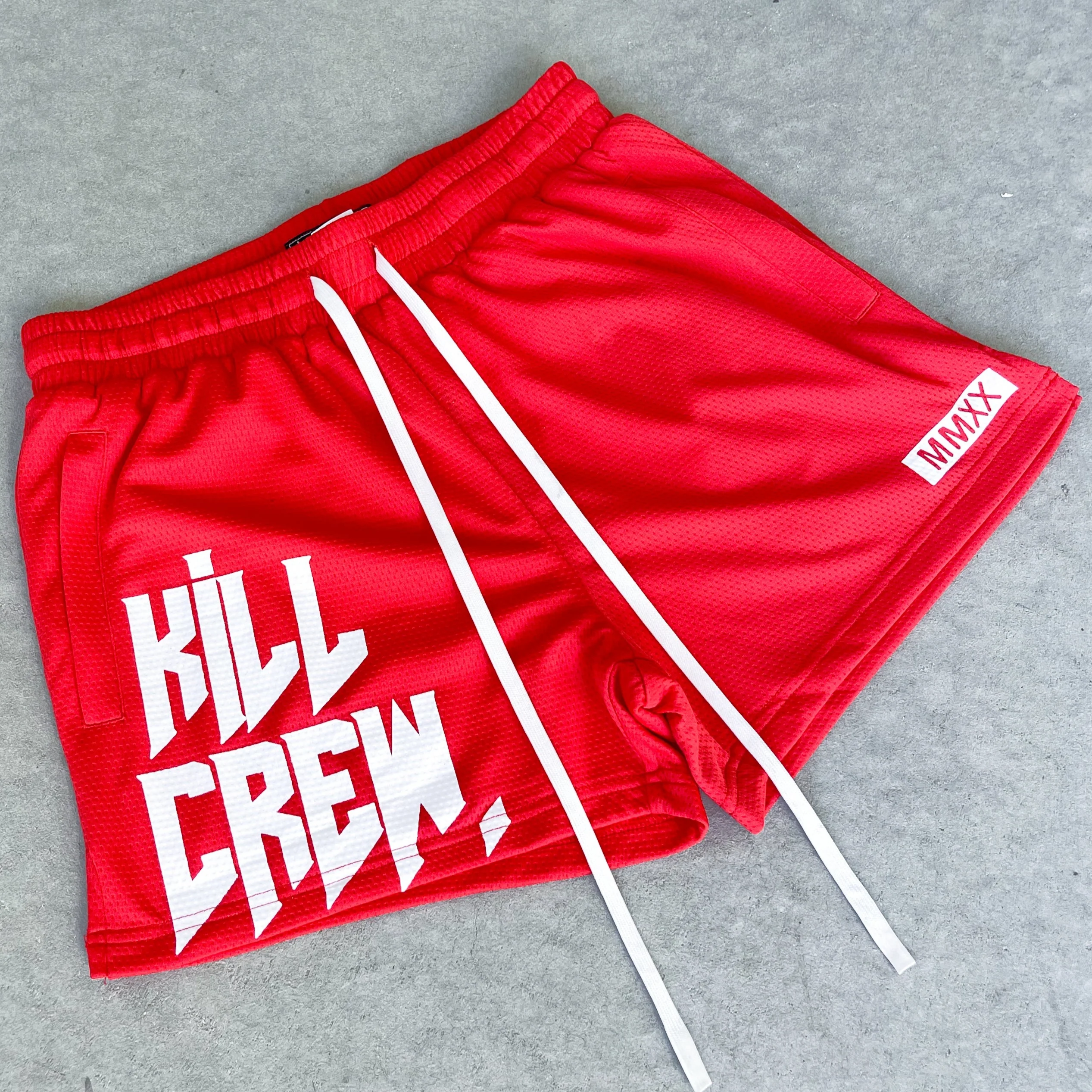 MUAY THAI SHORTS (MID THIGH CUT) - RED / WHITE - Image 2