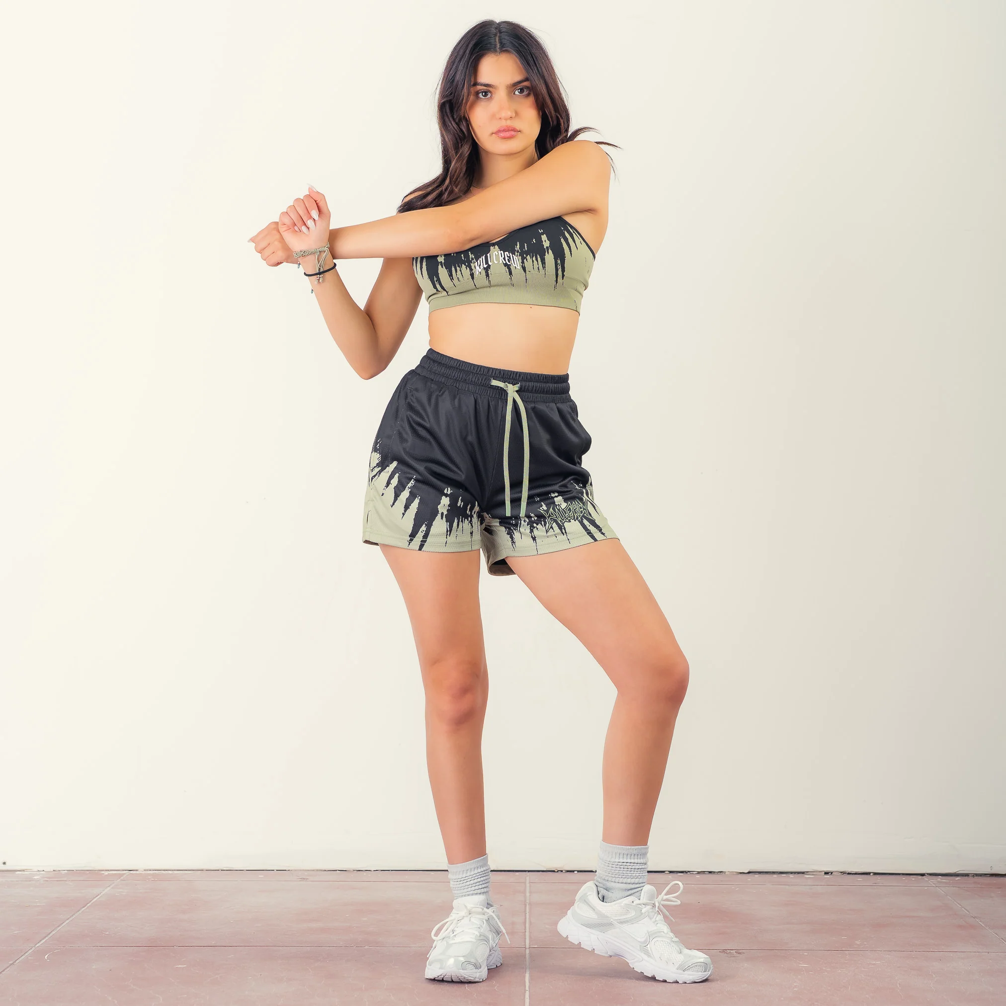 MUAY THAI SHORTS (MID THIGH CUT) SHATTER - BLACK / OLIVE - Image 3